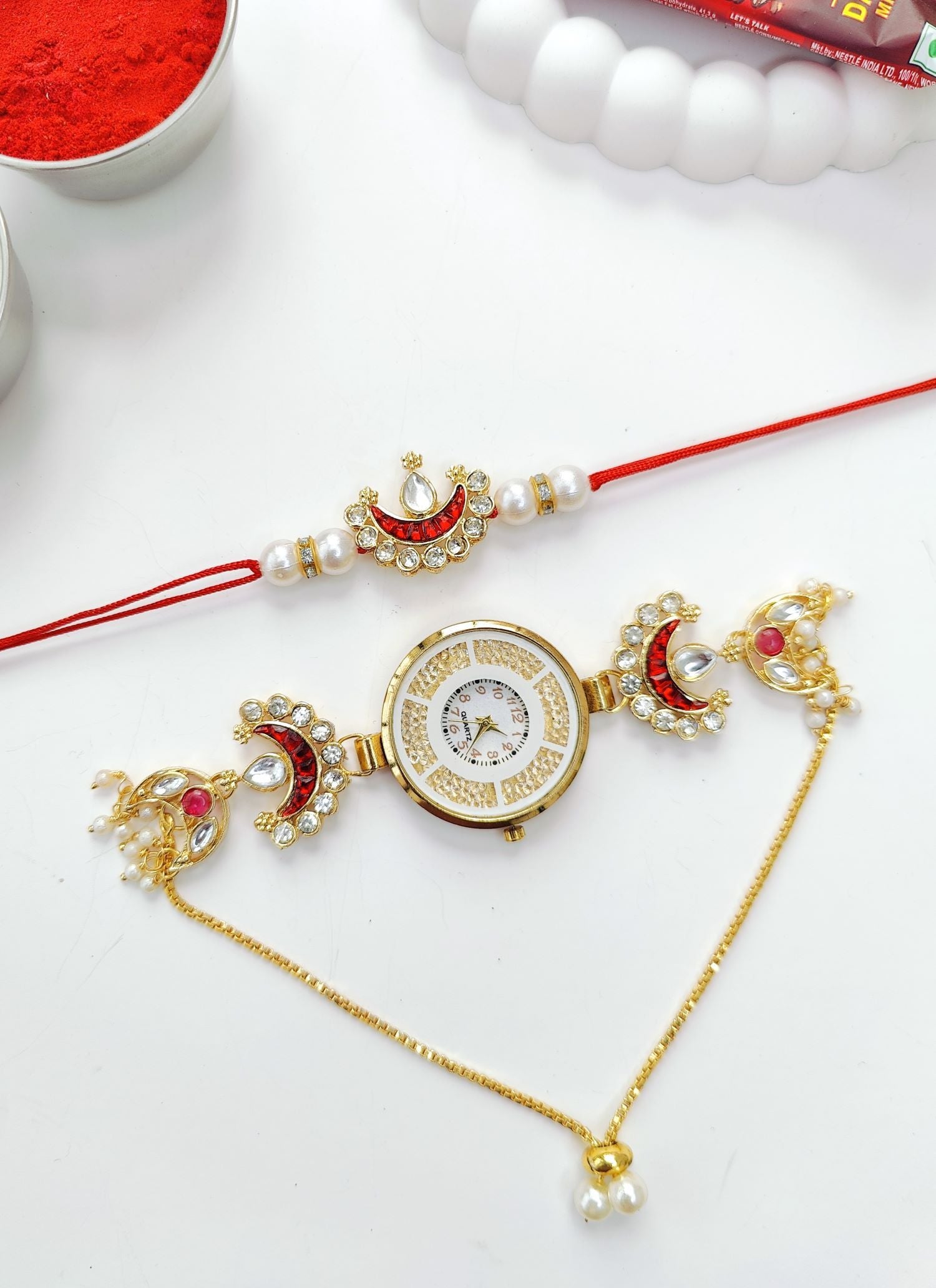 red crescent moon kundan rakhi 2026, handmade bhaiya bhabhi rakhi