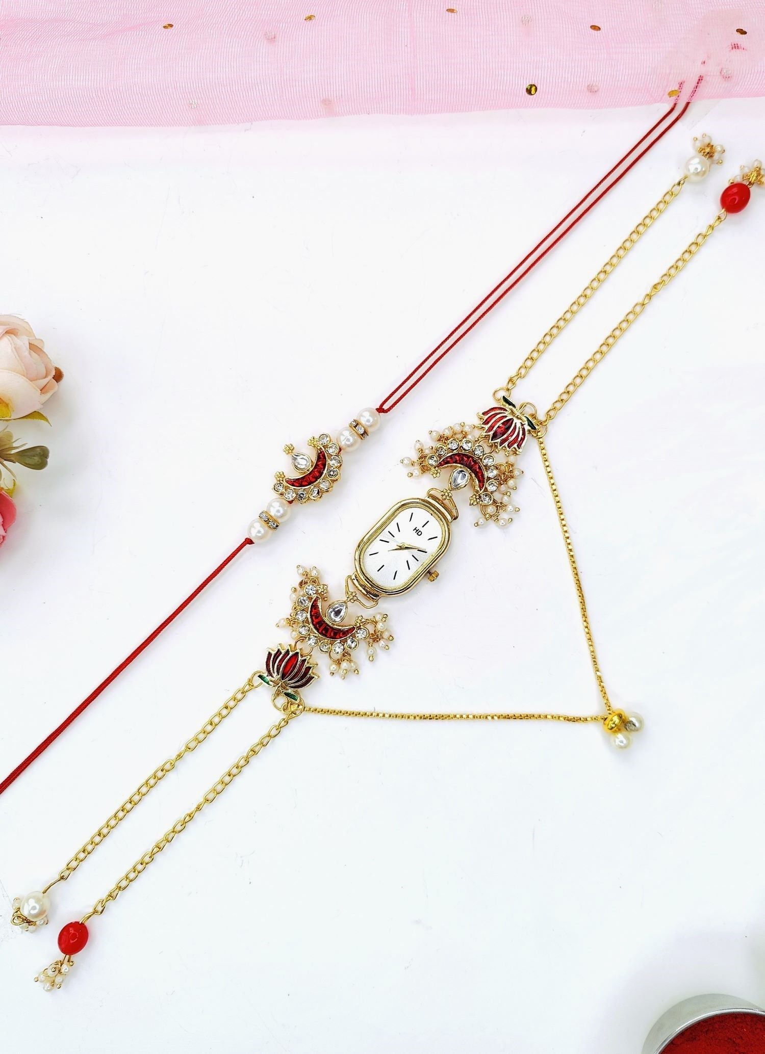 handmade lotus crescent moon kundan rakhi set for brothers 2026