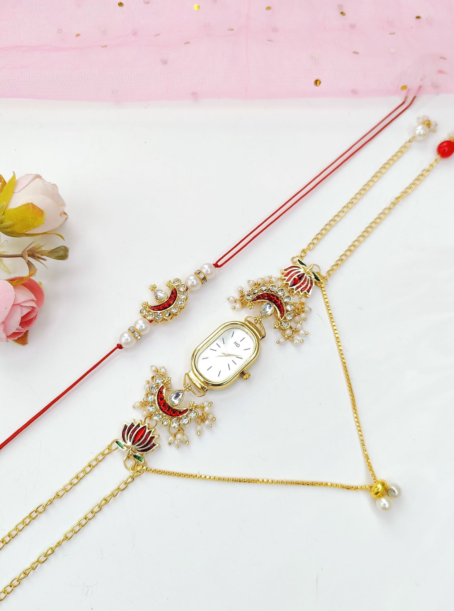 handmade lotus crescent moon kundan rakhi set for brothers 2026