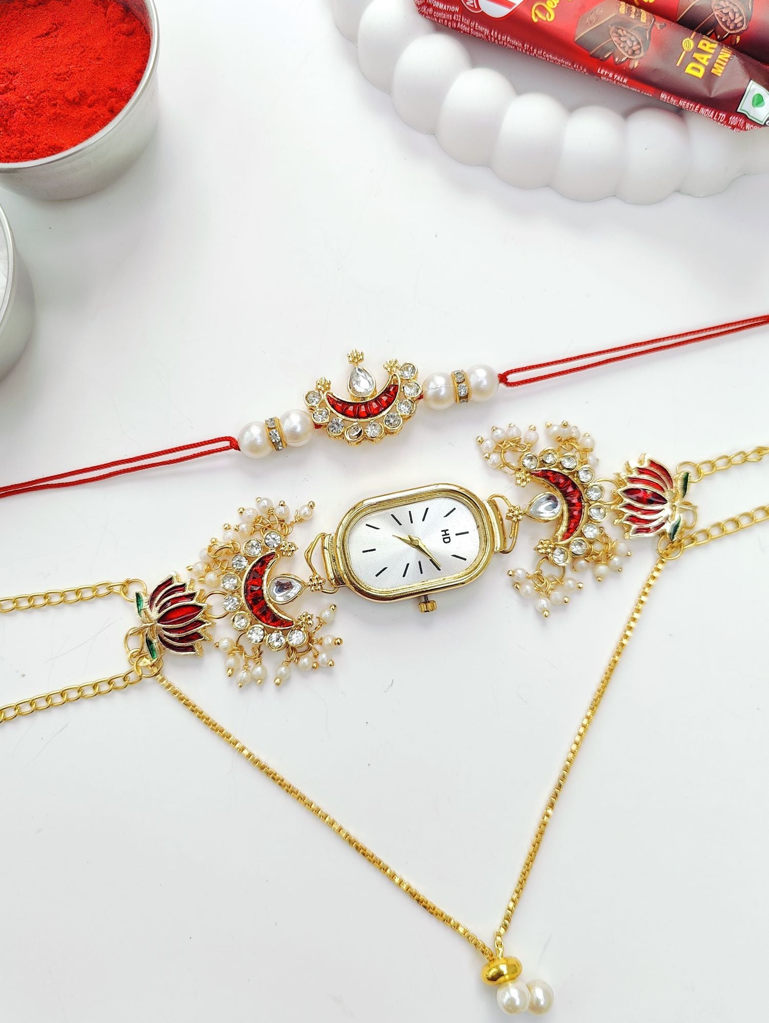 handmade lotus crescent moon kundan rakhi set for brothers 2026