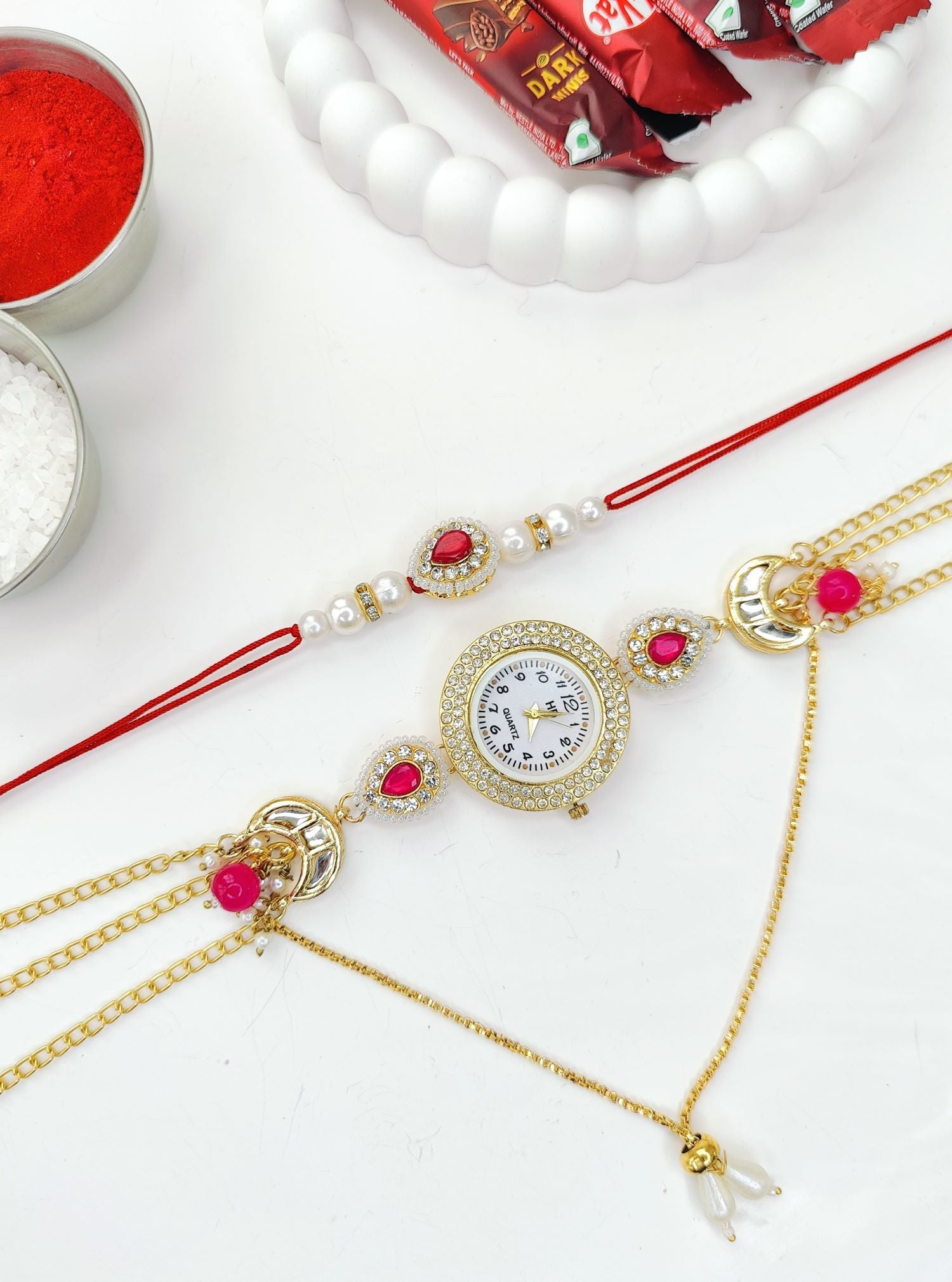 rich pink handmade bhaiya bhabhi rakhi set with kundan beads 2026