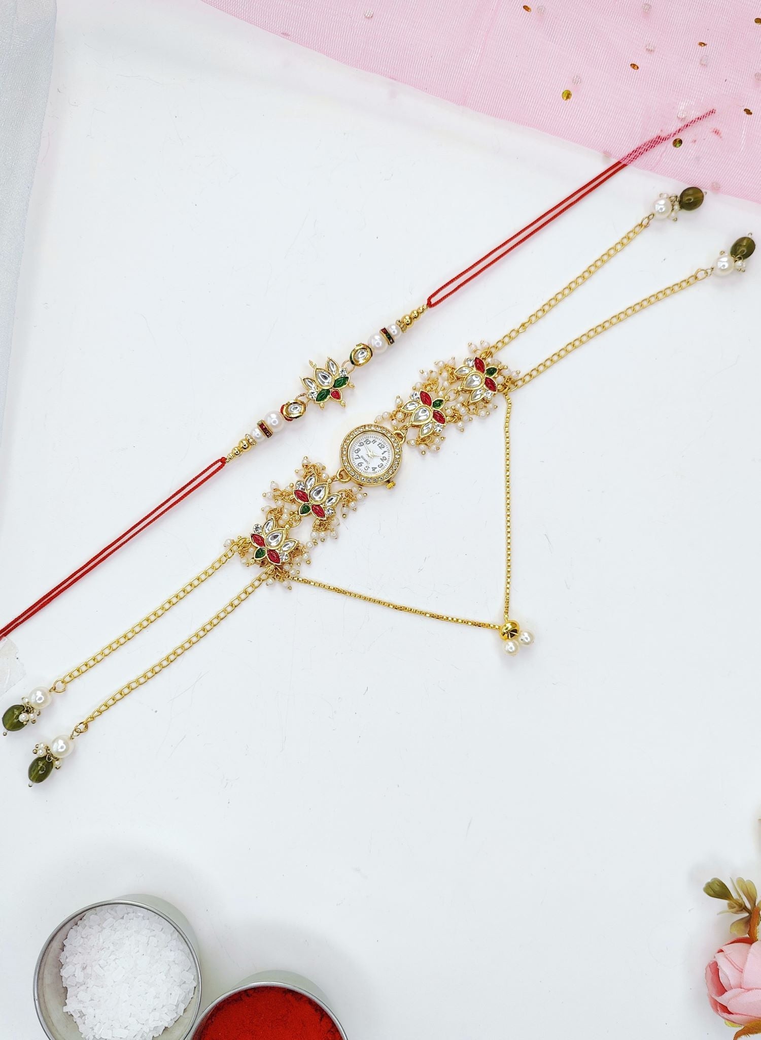 handmade lotus kundan rakhi combo set for bhaiya bhabhi 2026