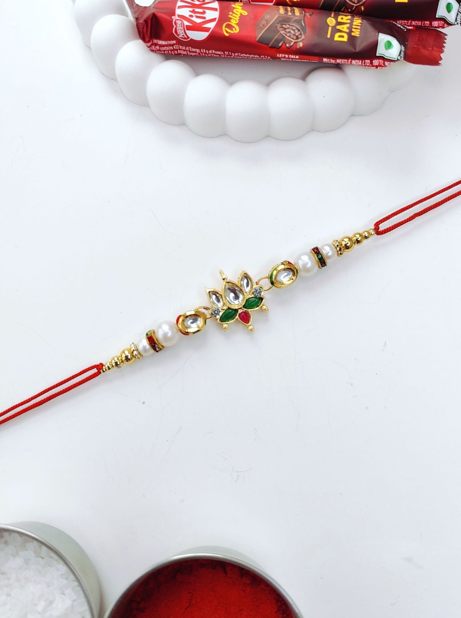 handmade lotus kundan rakhi combo set for bhaiya bhabhi 2026