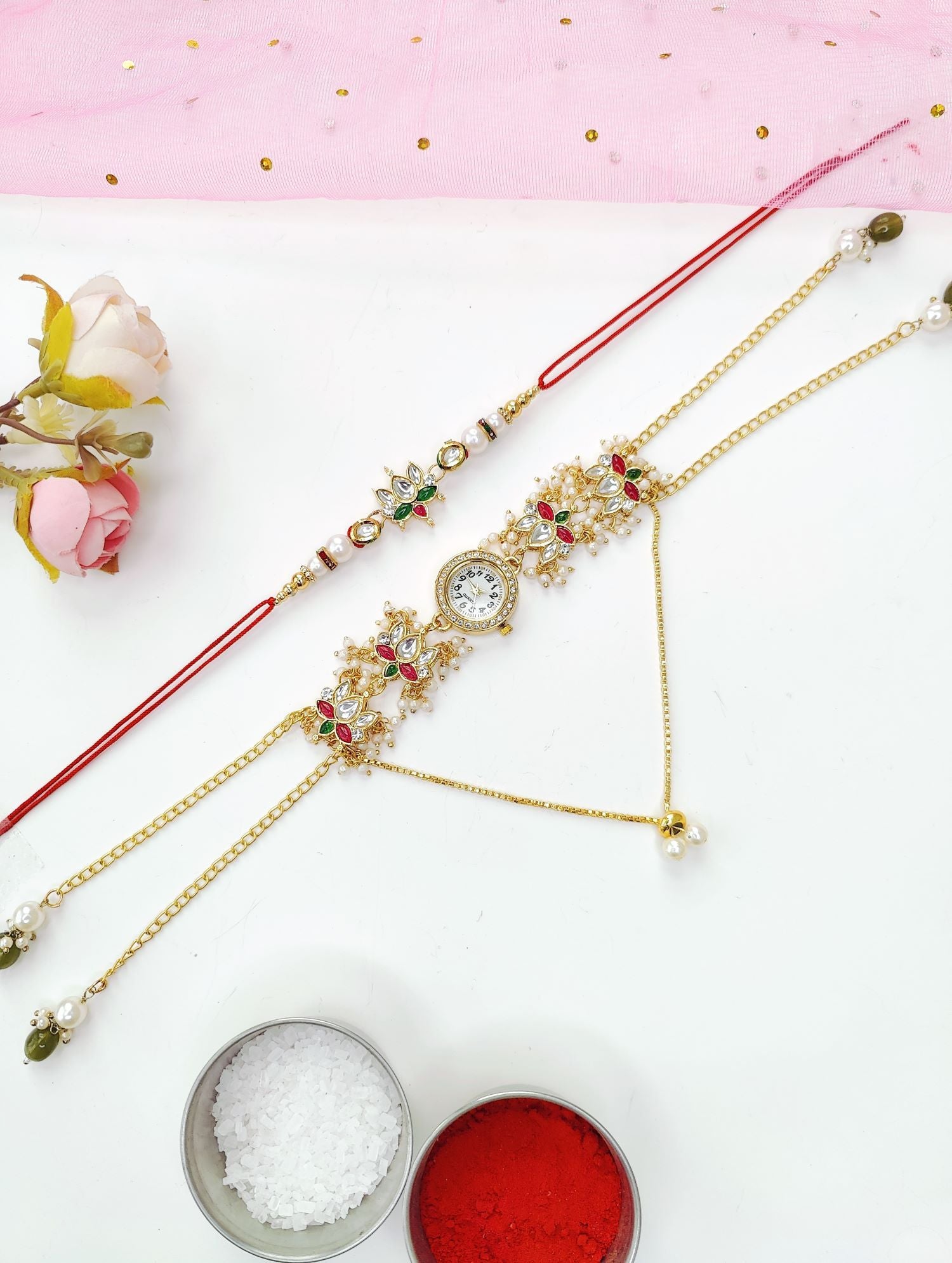 handmade lotus kundan rakhi combo set for bhaiya bhabhi 2026