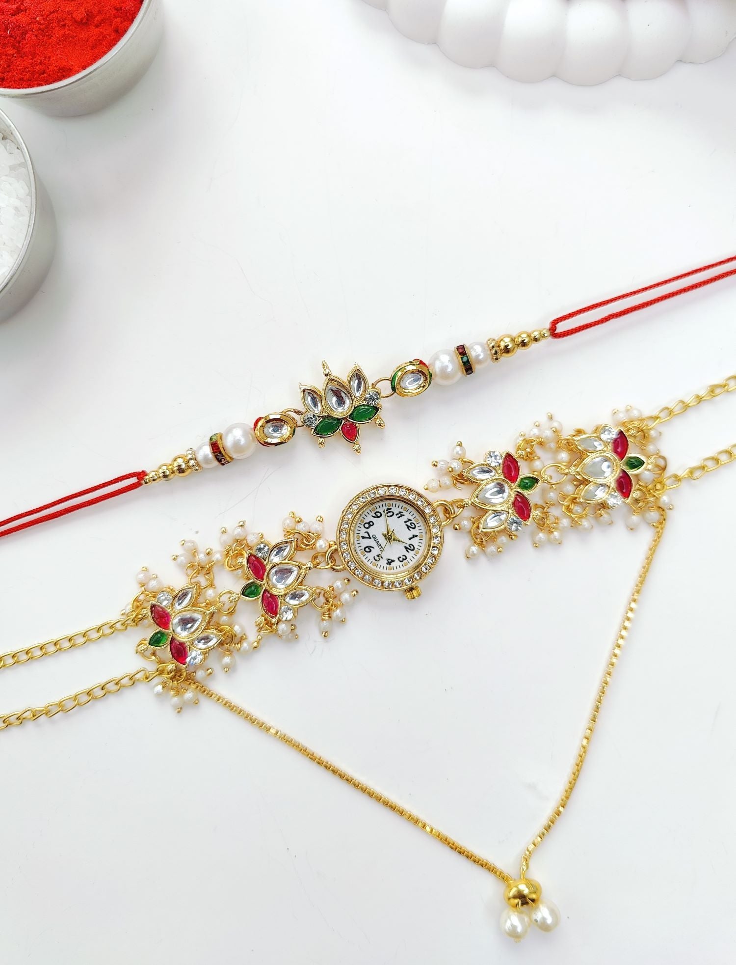 handmade lotus kundan rakhi combo set for bhaiya bhabhi 2026