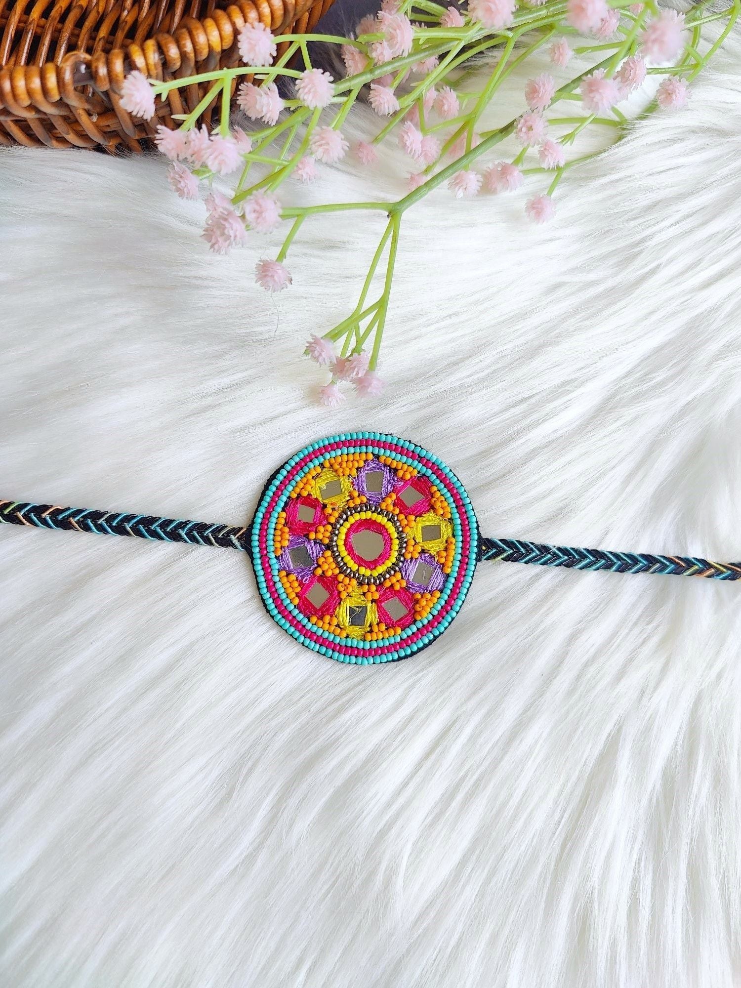 Bulk, multi-colored, beaded, mirror work Rakhi, adjustable and handmade ideal for festive occasion