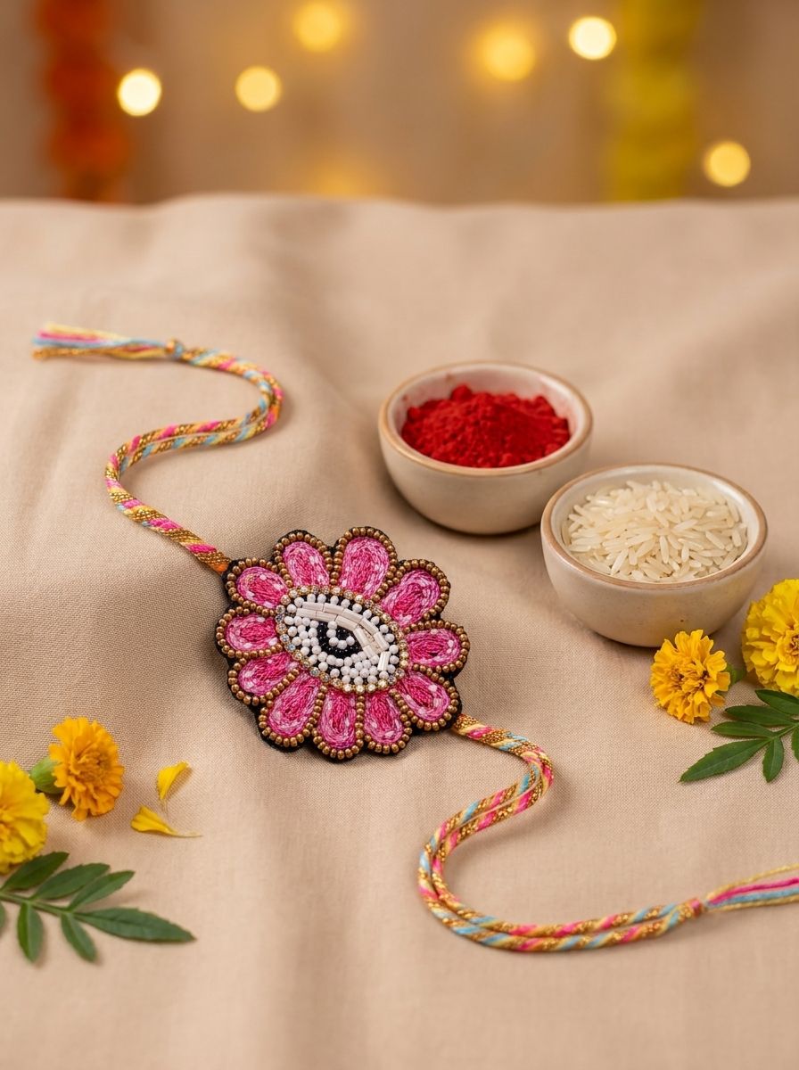 Handmade Pink Beaded Rakhi Gift for Brother – Floral Evil Eye Rakhi 2026
