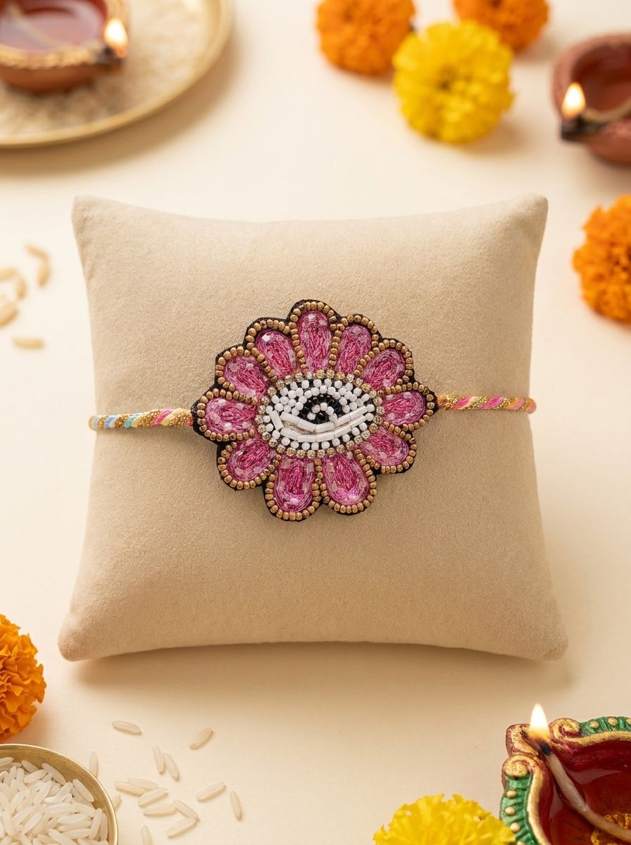 Handmade Pink Beaded Rakhi Gift for Brother – Floral Evil Eye Rakhi 2026