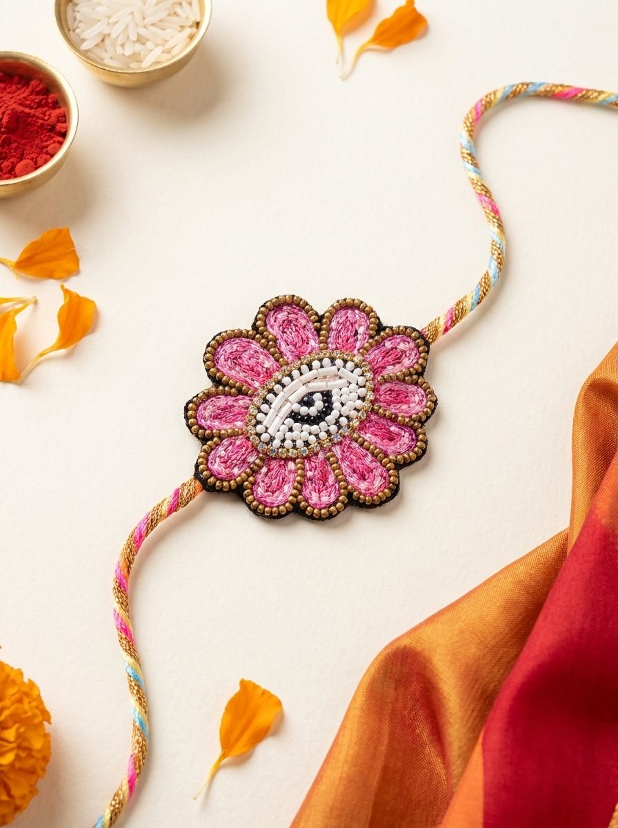 Handmade Pink Beaded Rakhi Gift for Brother – Floral Evil Eye Rakhi 2026