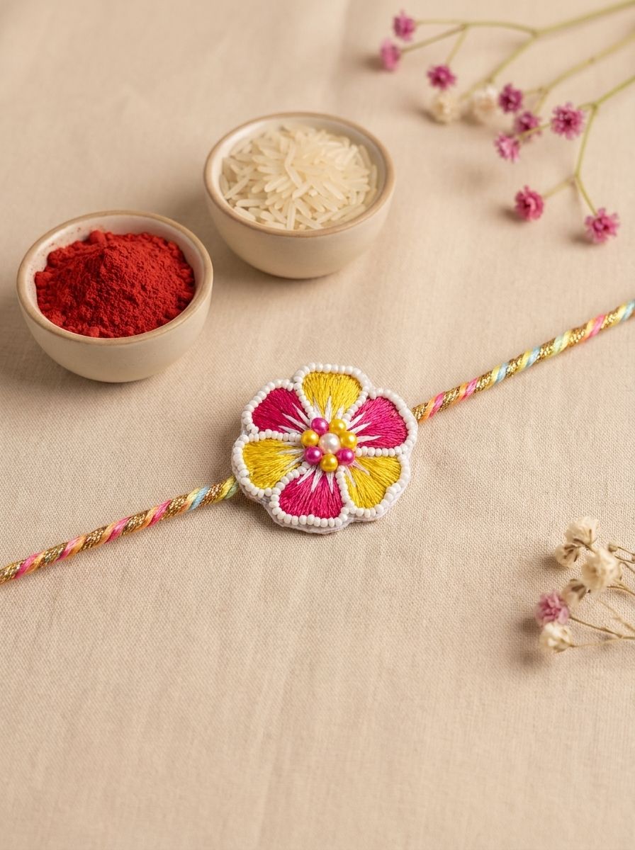 Handmade Pink Yellow Beaded Rakhi 2026 – Unique Floral Rakhi for Brothers