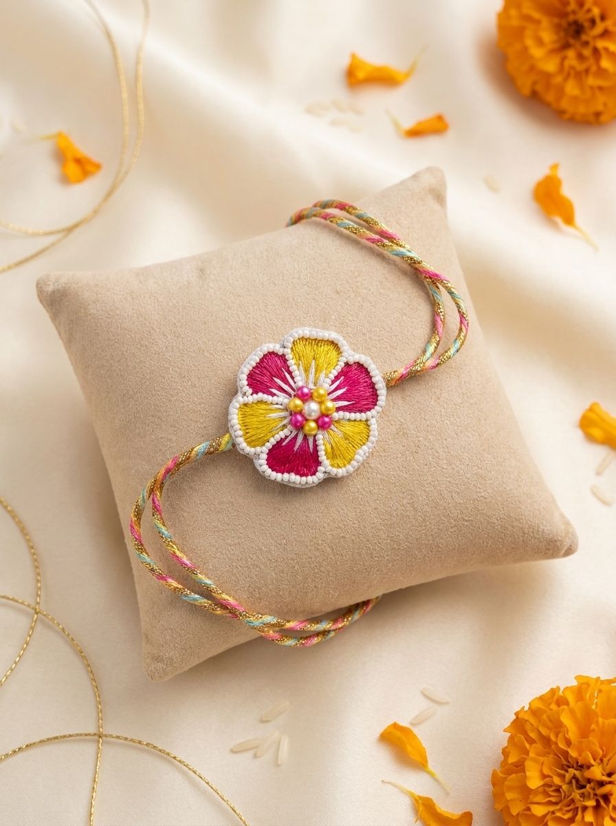 Handmade Pink Yellow Beaded Rakhi 2026 – Unique Floral Rakhi for Brothers