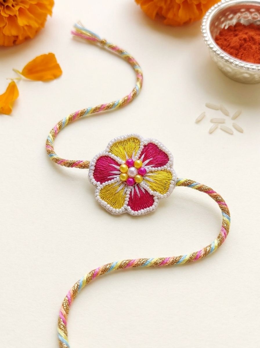 Handmade Pink Yellow Beaded Rakhi 2026 – Unique Floral Rakhi for Brothers