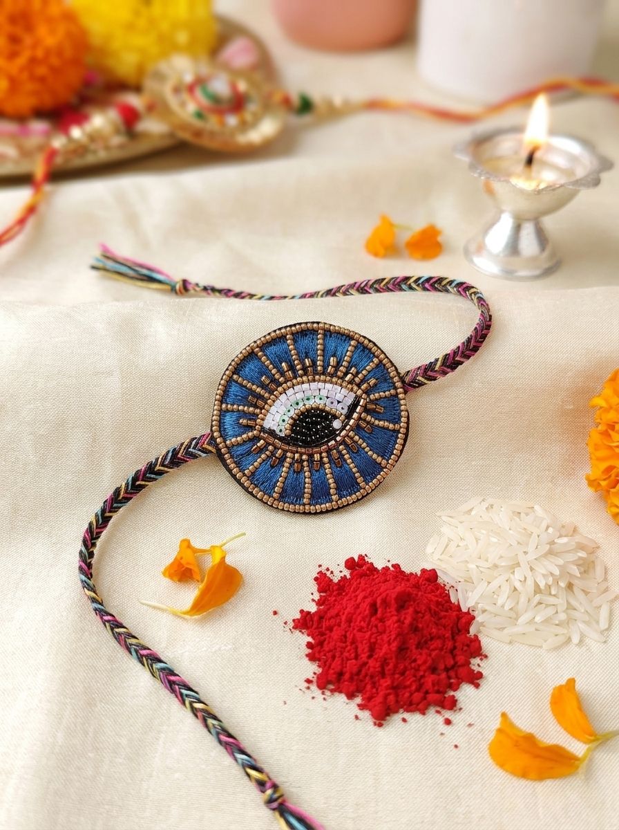 Handmade Evil Eye Blue Rakhi Gift for Brother – Beaded Rakhi 2026
