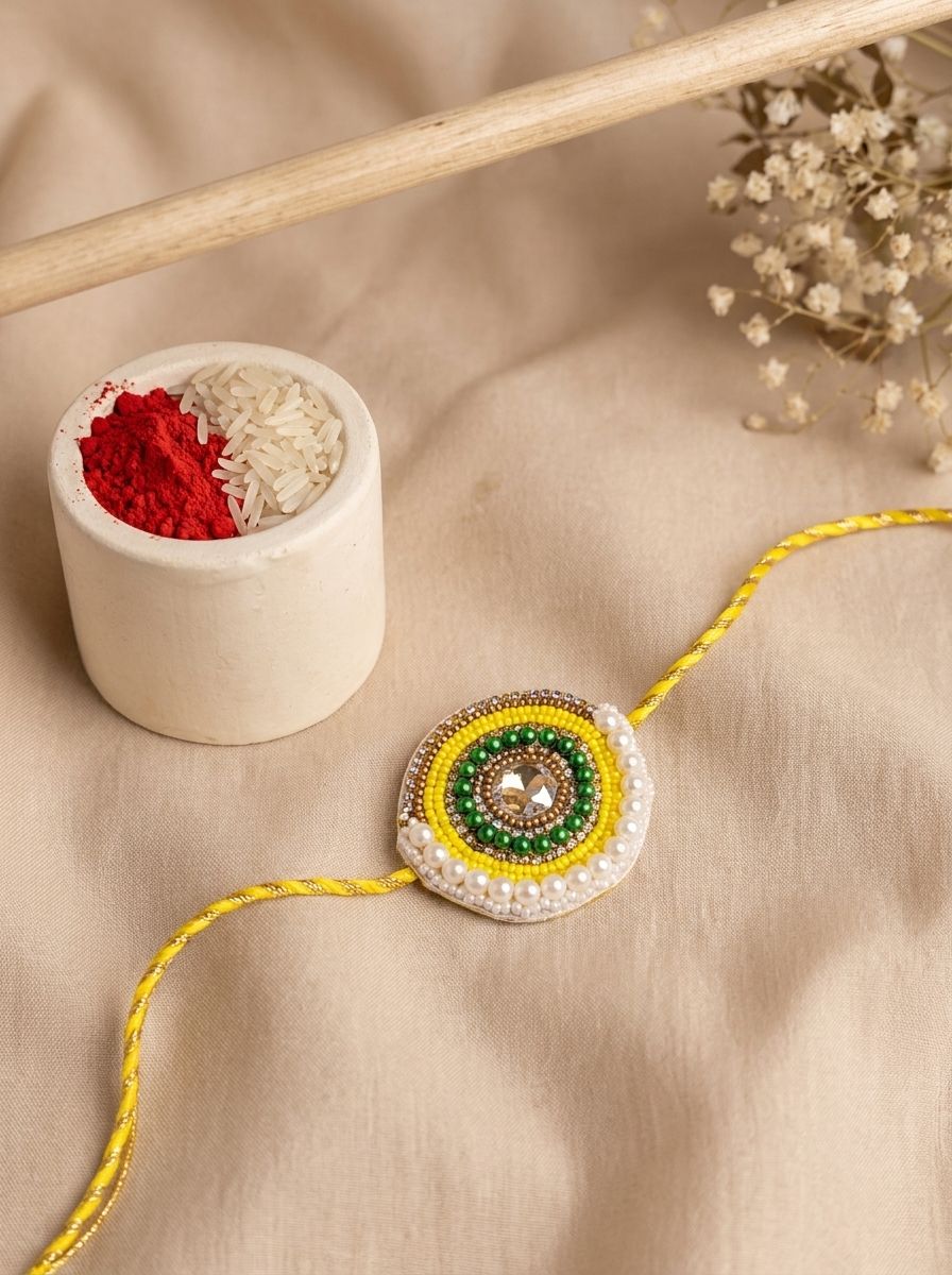Handmade Beaded Rakhi 2026 – Bright Yellow Festival Bracelet for Brother