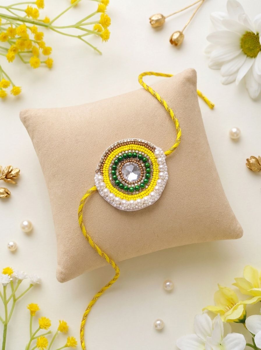 Handmade Beaded Rakhi 2026 – Bright Yellow Festival Bracelet for Brother