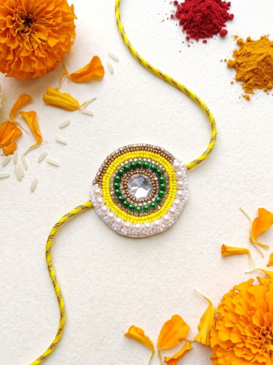 Handmade Beaded Rakhi 2026 – Bright Yellow Festival Bracelet for Brother