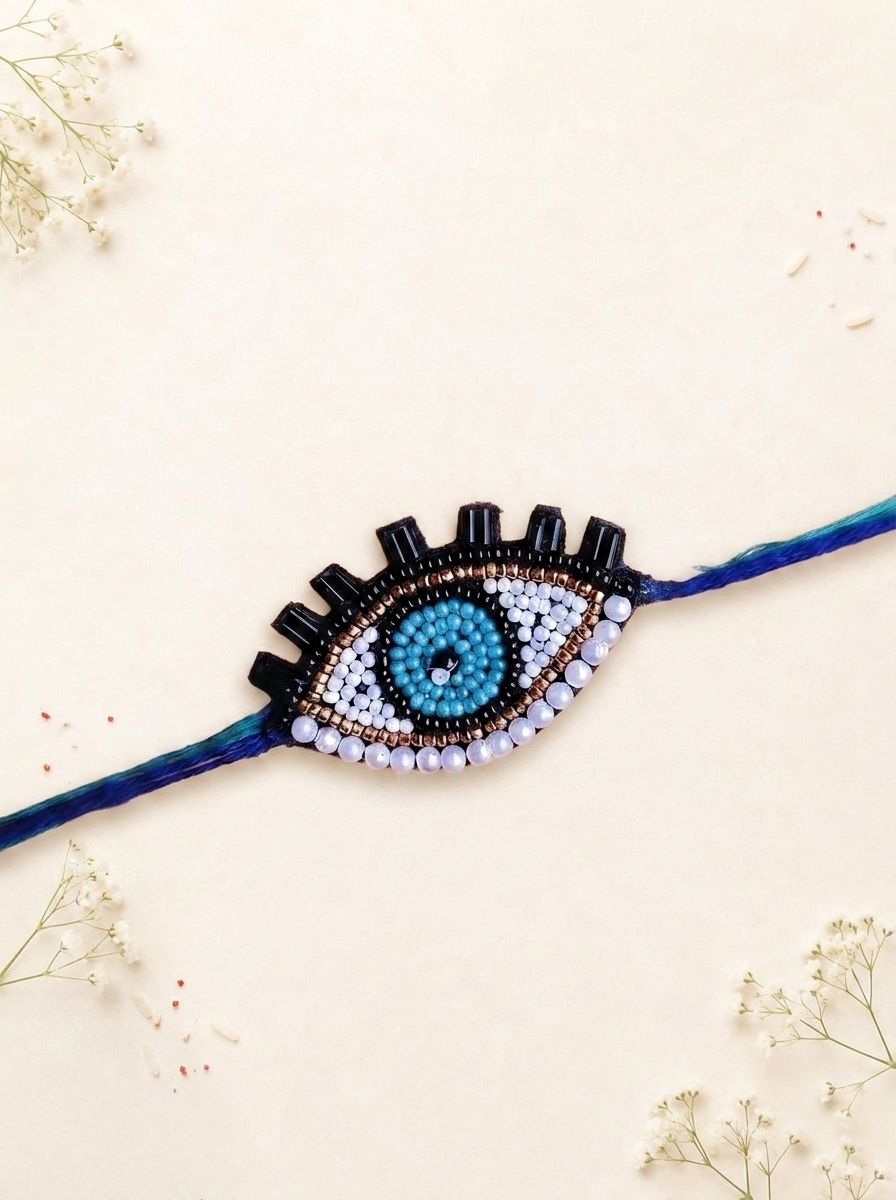Handmade Evil Eye Rakhi 2026 White Blue Set for Brother & Bhabhi