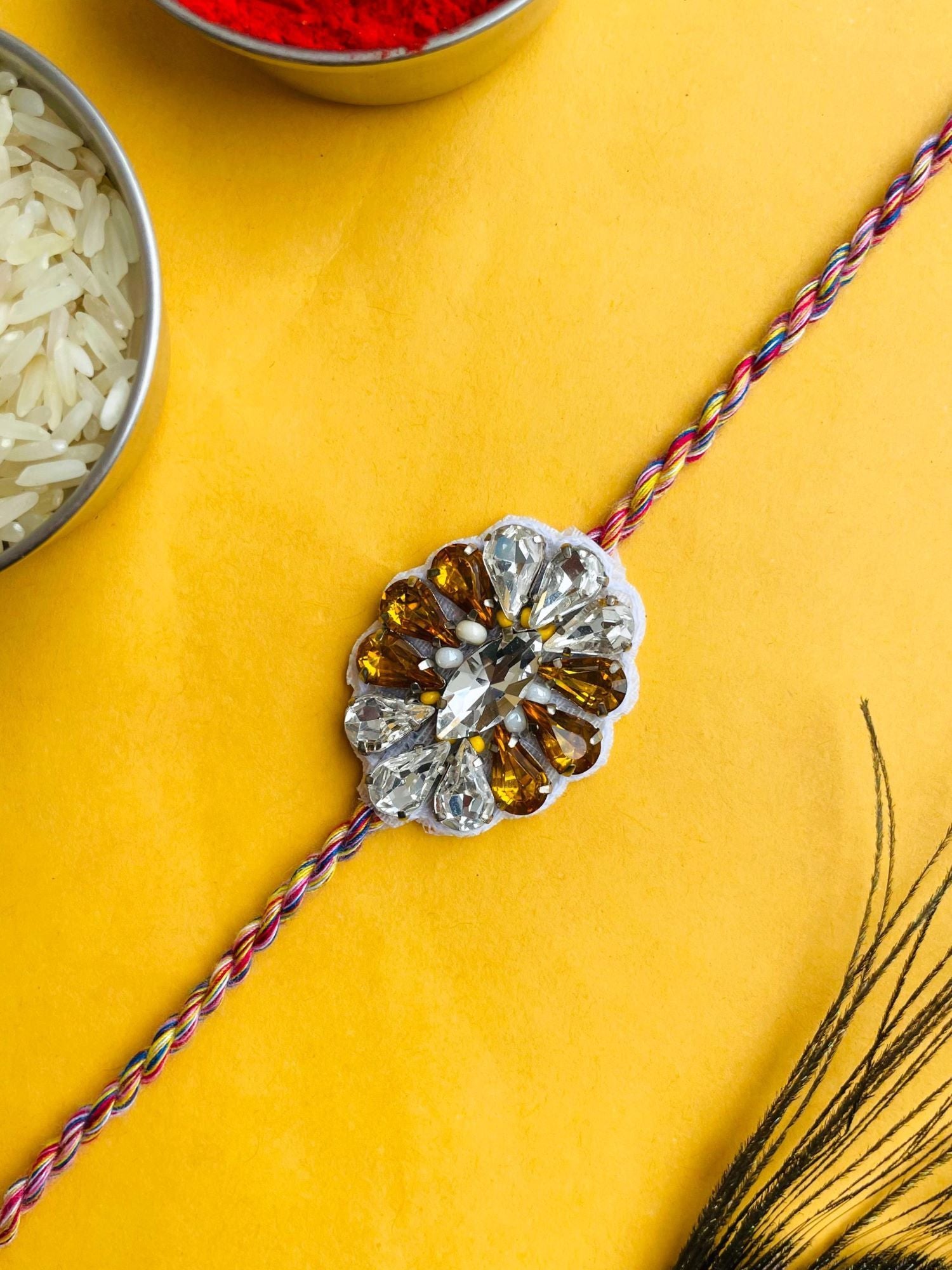 Handmade White Gold Crystal Rakhi 2026 Set for Brothers & Sisters-in-Law