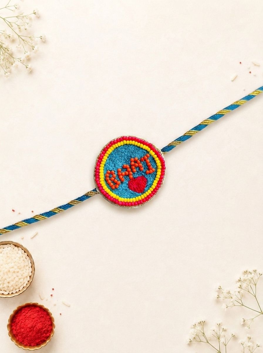 Handmade Blue Rakhi 2026 – Creative Beaded Rakhi for Brothers with Ritual Kit