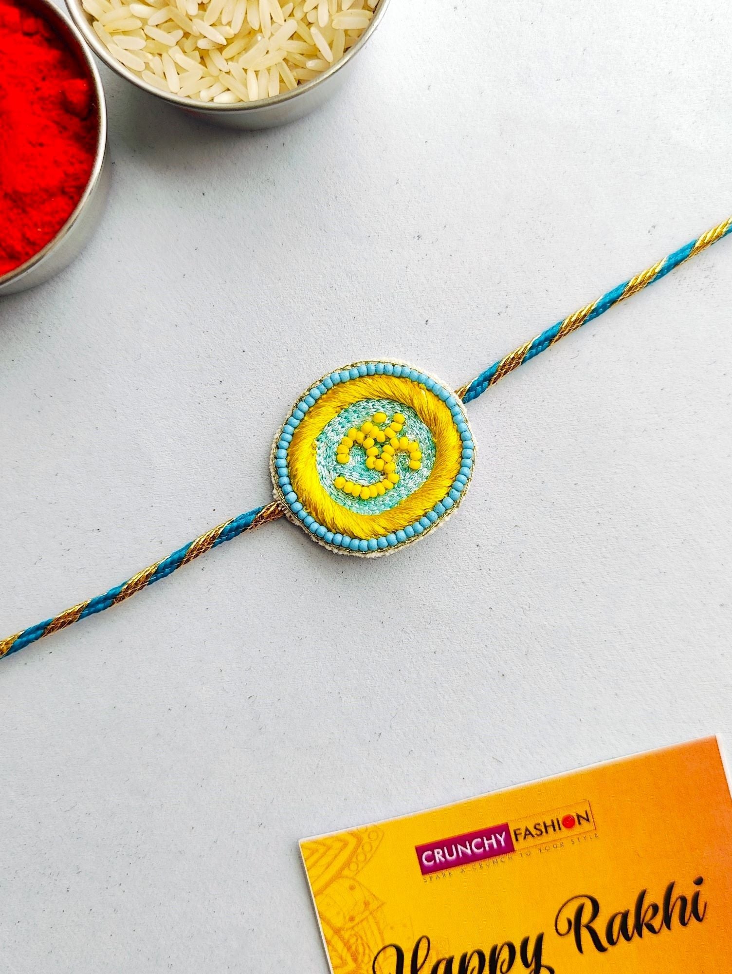 Handmade Sky-Blue OM Rakhi Set for Brother & Bhabhi – Latest Rakhi 2026