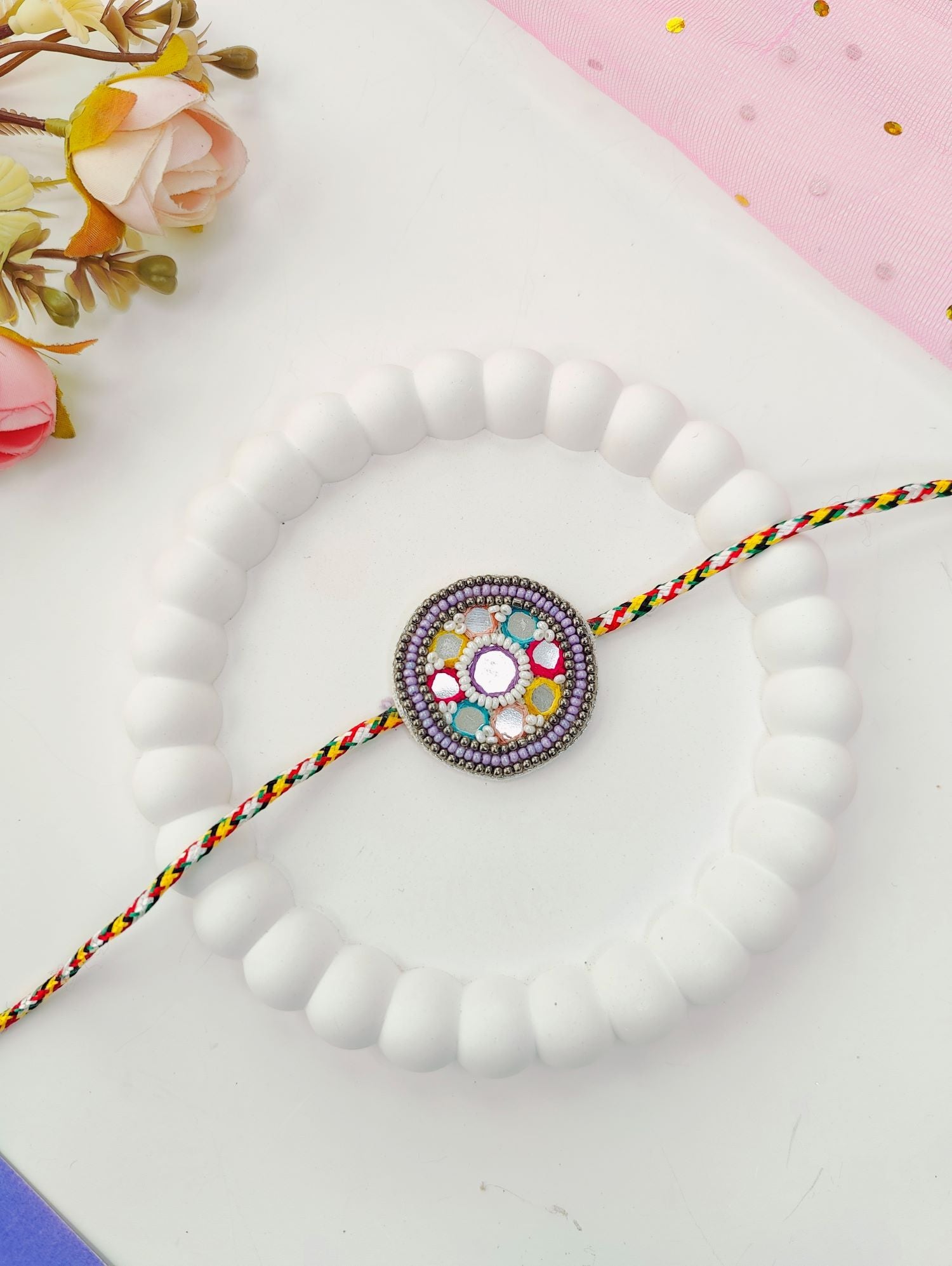colourful thread mirror rakhi, handmade rakhi designs for brother