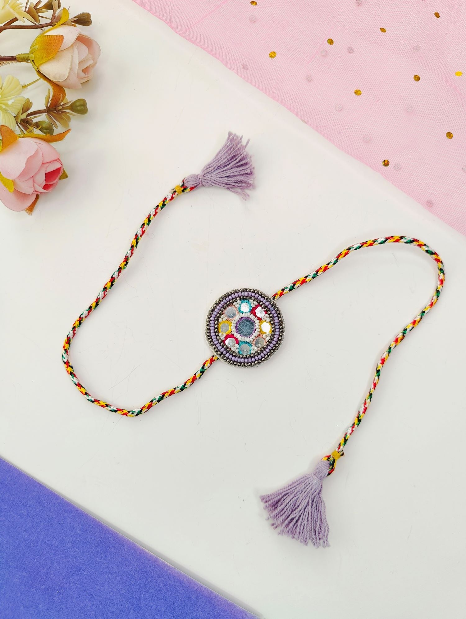 colourful thread mirror rakhi, handmade rakhi designs for brother