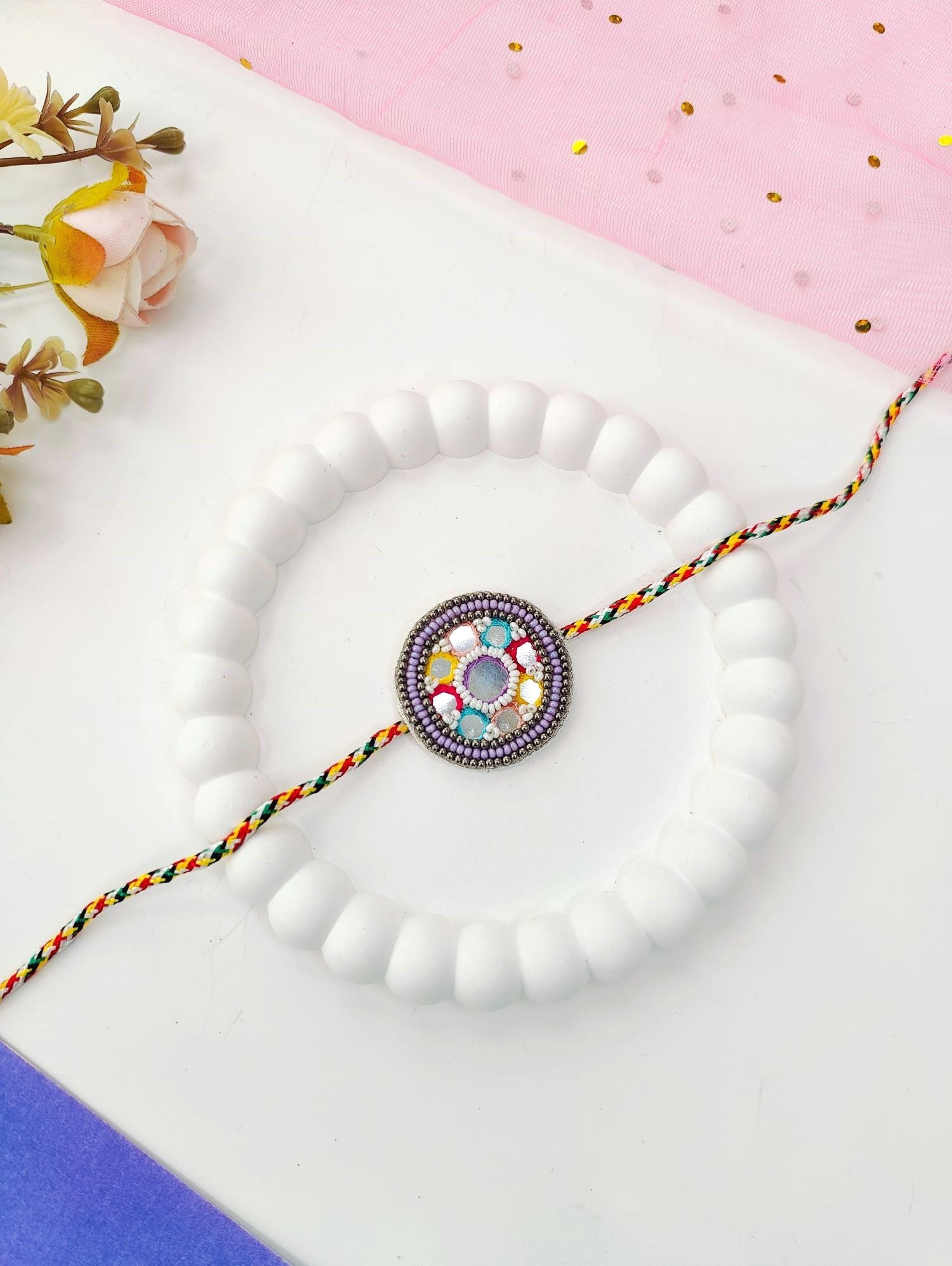 colourful thread mirror rakhi, handmade rakhi designs for brother