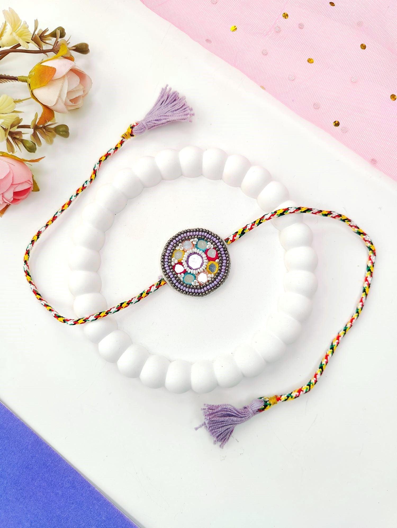 colourful thread mirror rakhi, handmade rakhi designs for brother
