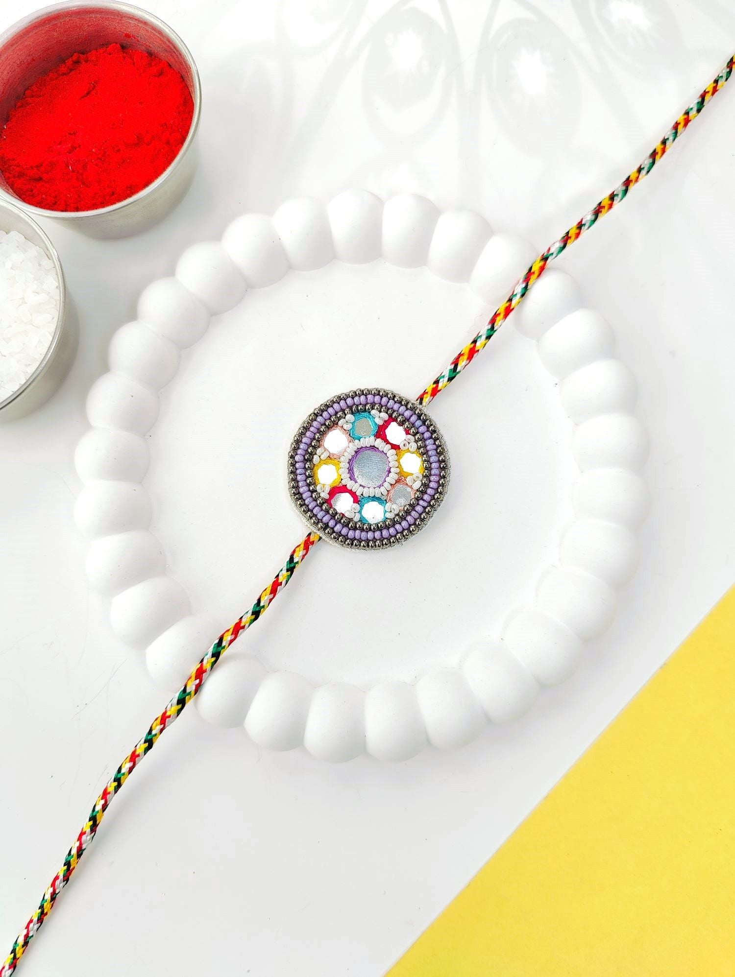 colourful thread mirror rakhi, handmade rakhi designs for brother