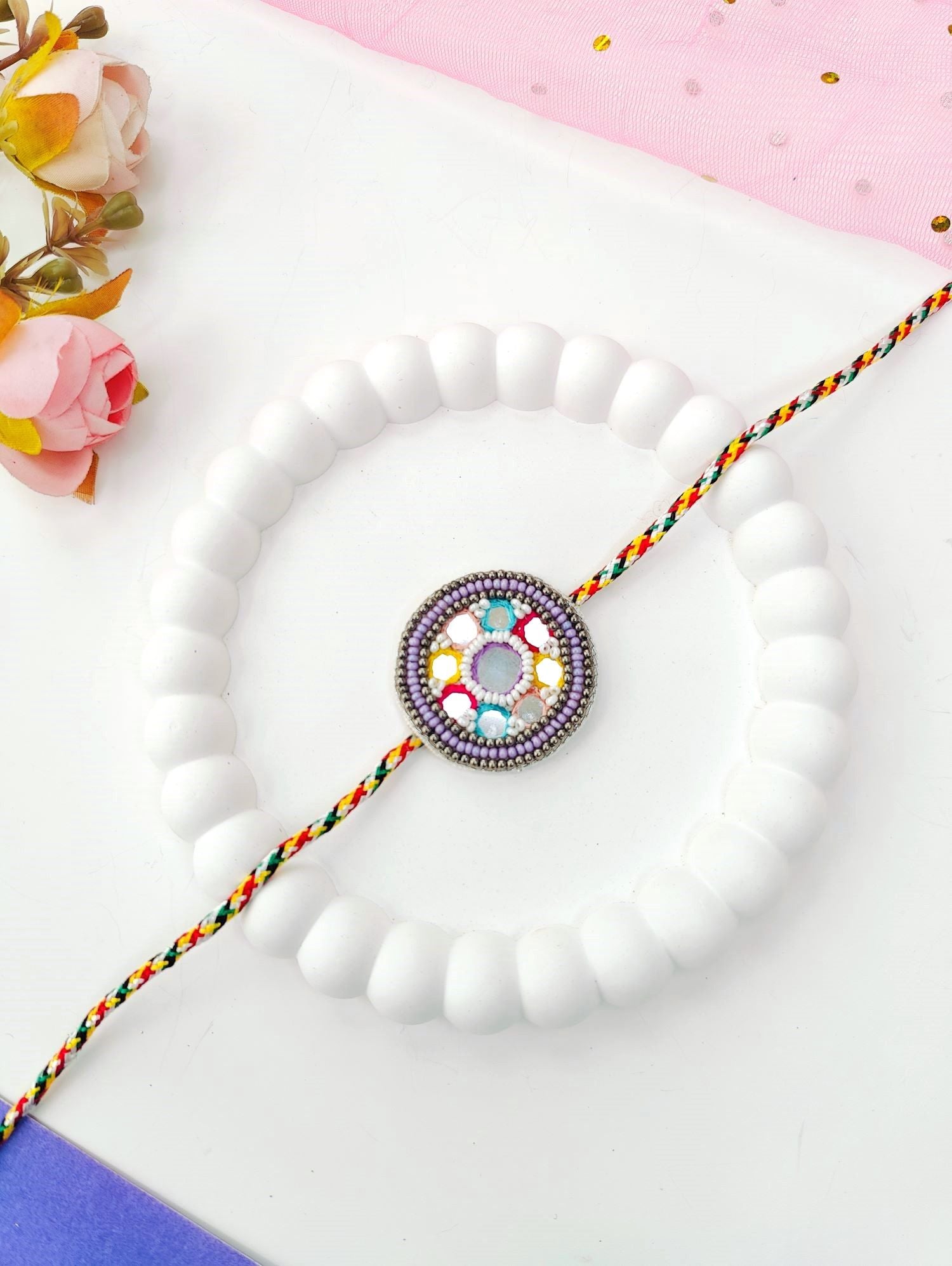 colourful thread mirror rakhi, handmade rakhi designs for brother
