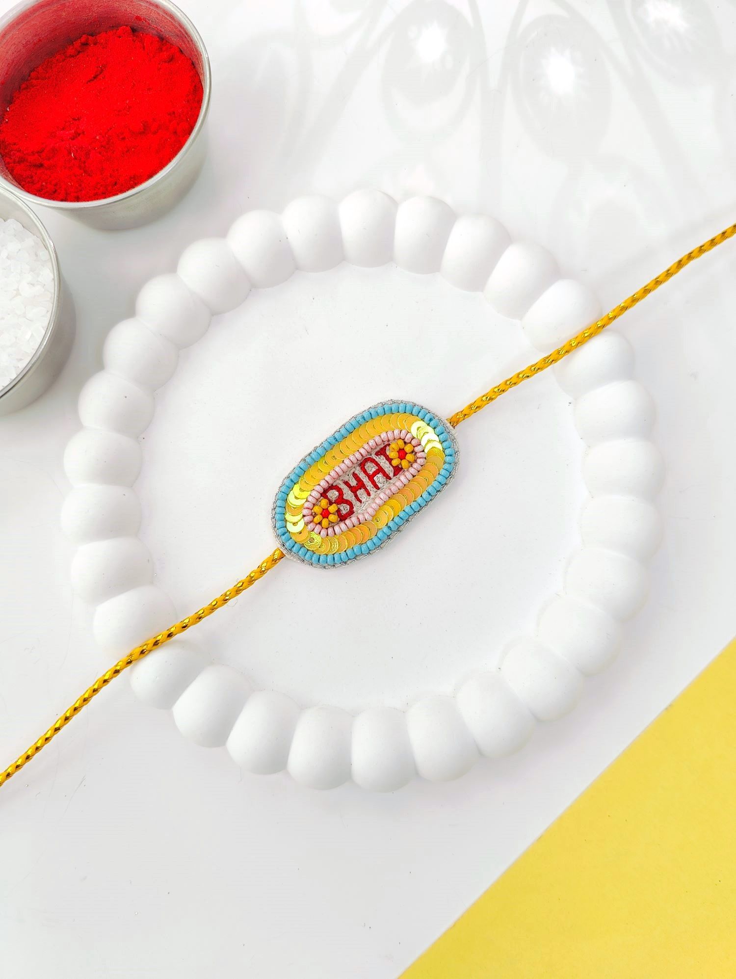 yellow handmade rakhi designs, multi color bhai rakhi for brother