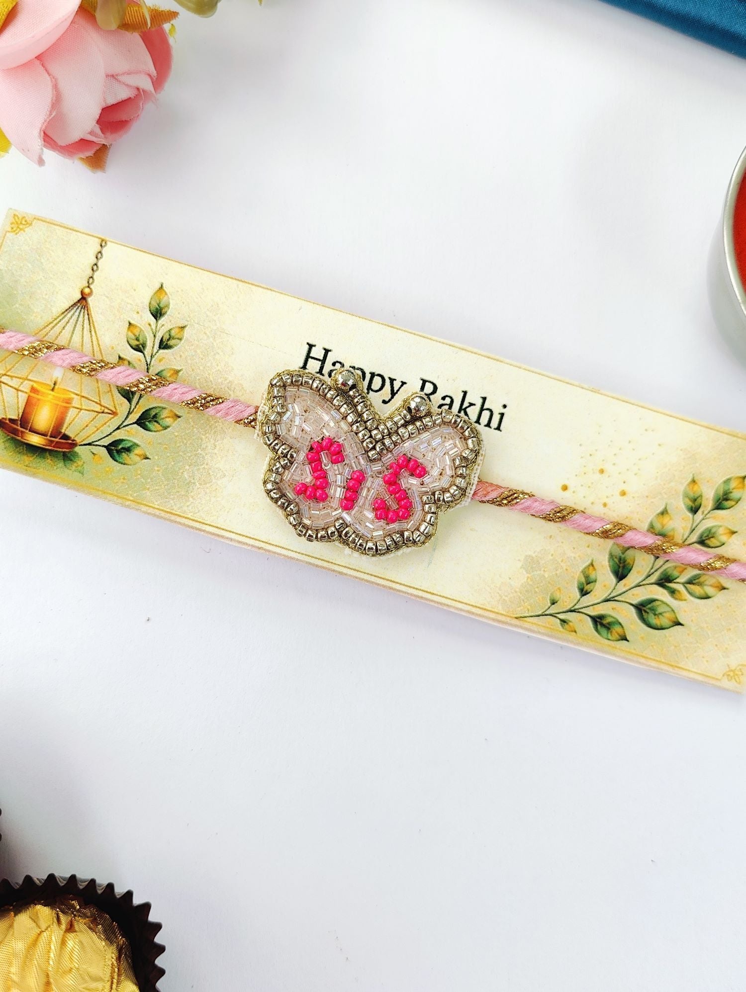 Handmade pink sis rakhi, cute butterfly sister rakhi 2026