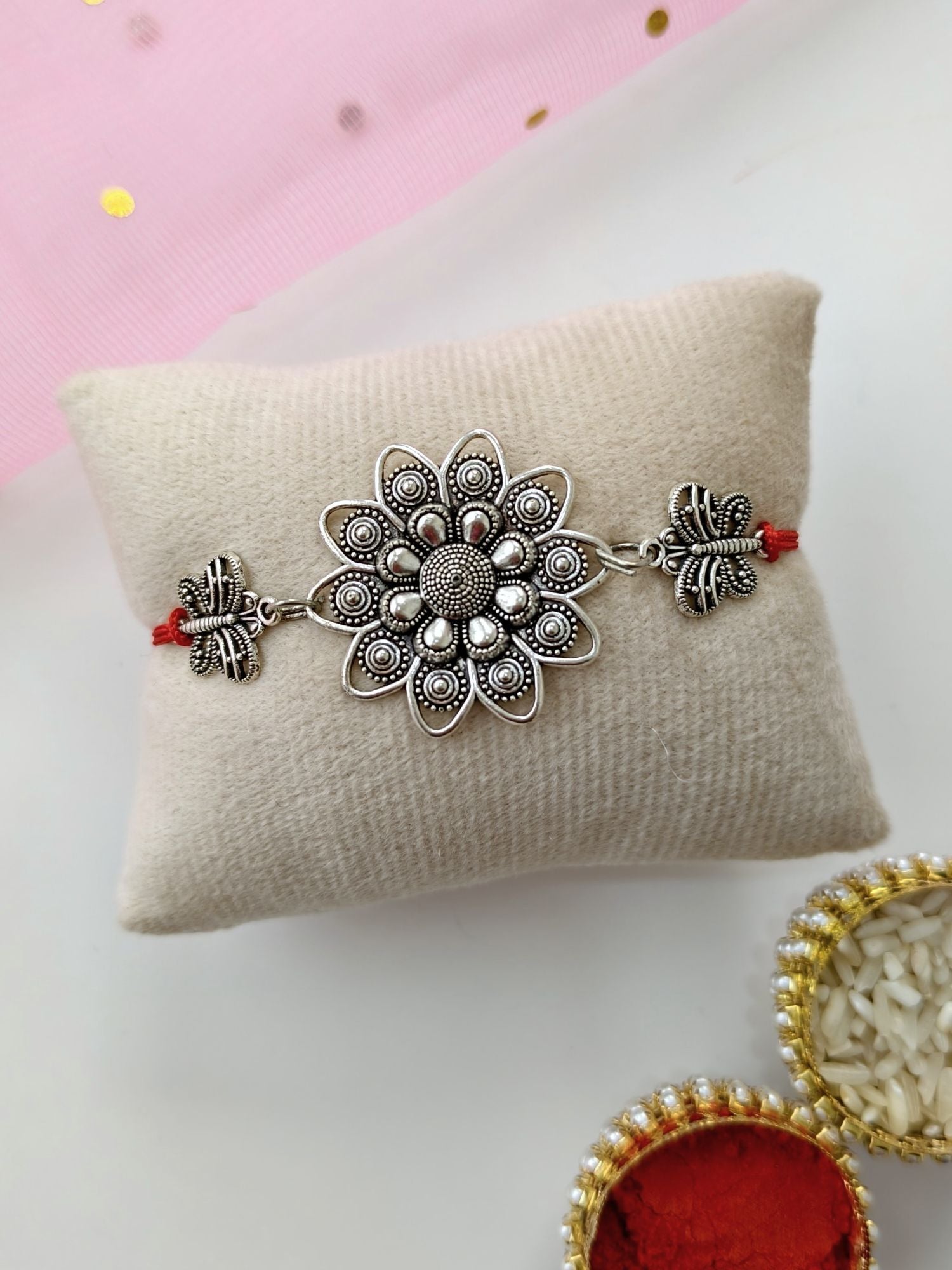 Oxidized silver flower Rakhi 2026, best rakhi for brother under 399