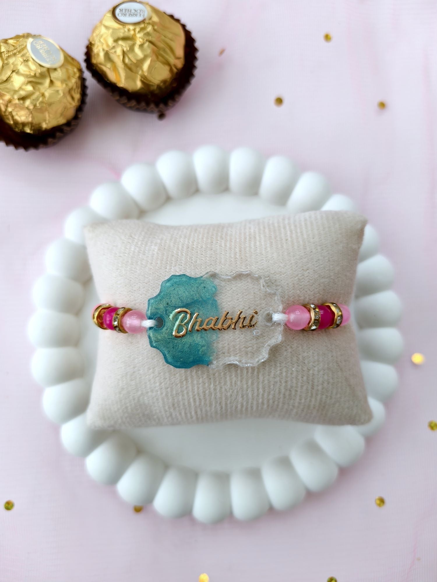 handmade resin rakhi with pearl beads, best rakhi for brother 2026