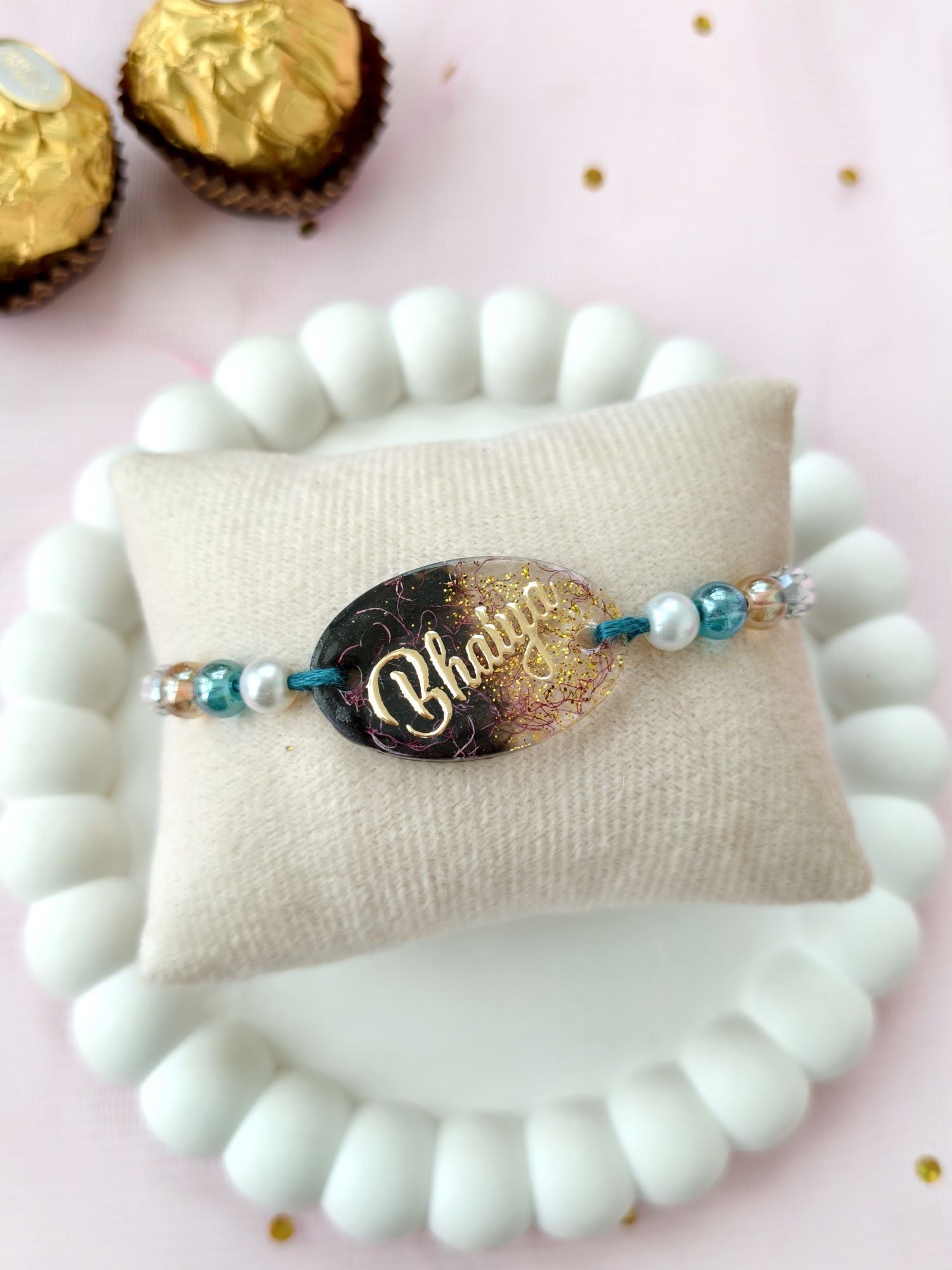 Handmade resin rakhi for brother with pearl beads, bhaiya rakhi