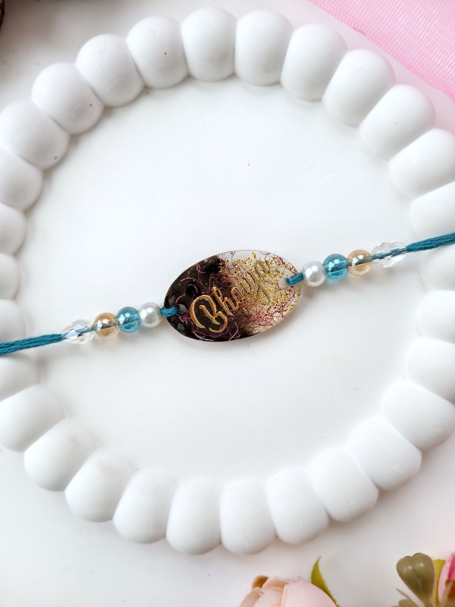 Handmade resin rakhi for brother with pearl beads, bhaiya rakhi
