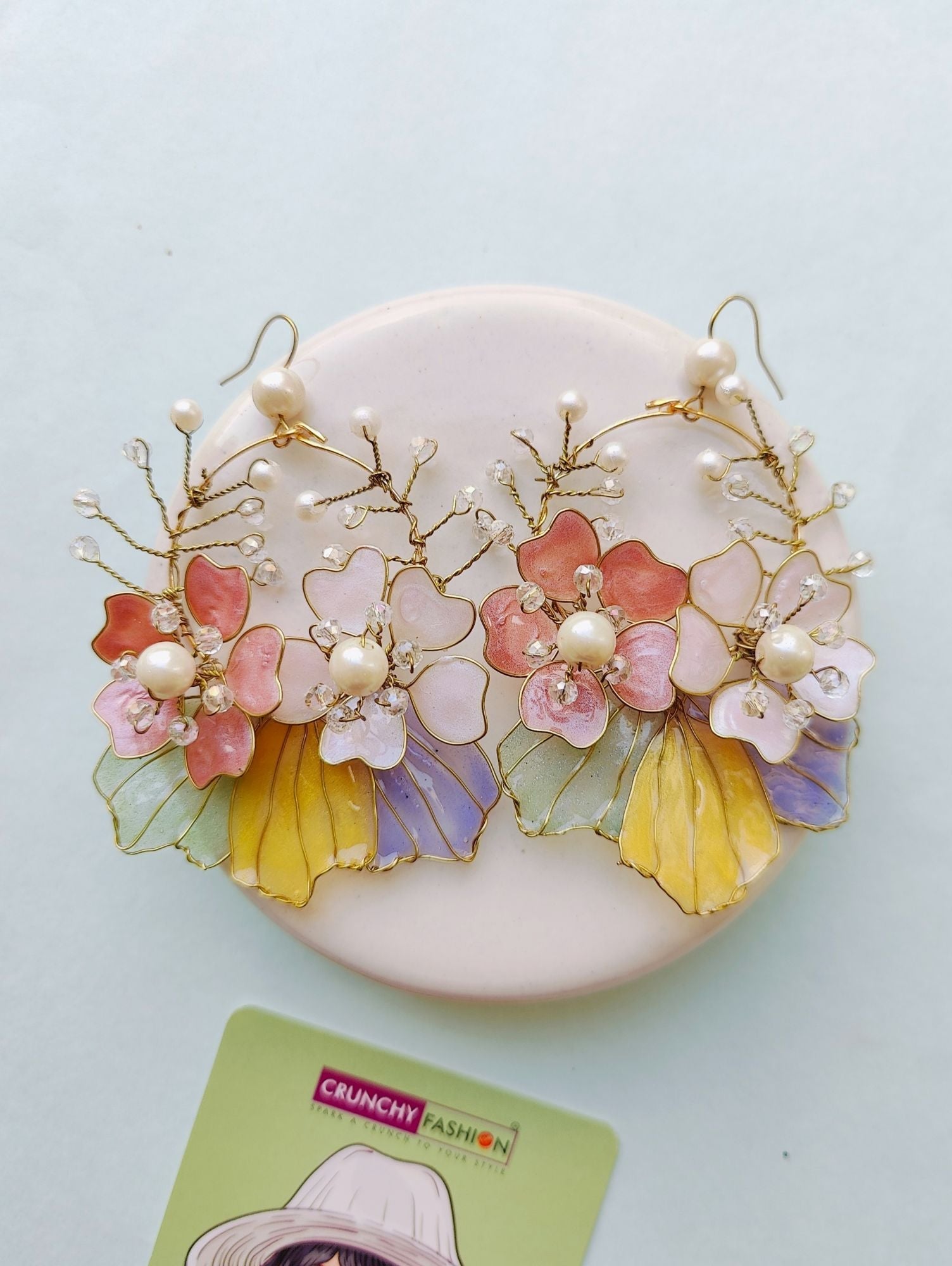 Designer multicolored floral resin art earrings for Haldi, handcrafted drop and dangler earrings