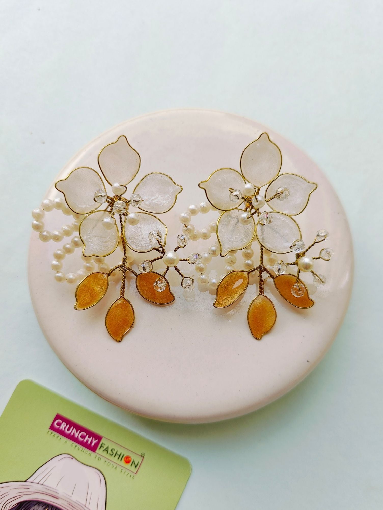 White-gold floral stud earrings in Resin Art collection, ideal for Haldi occasion, push back fixation