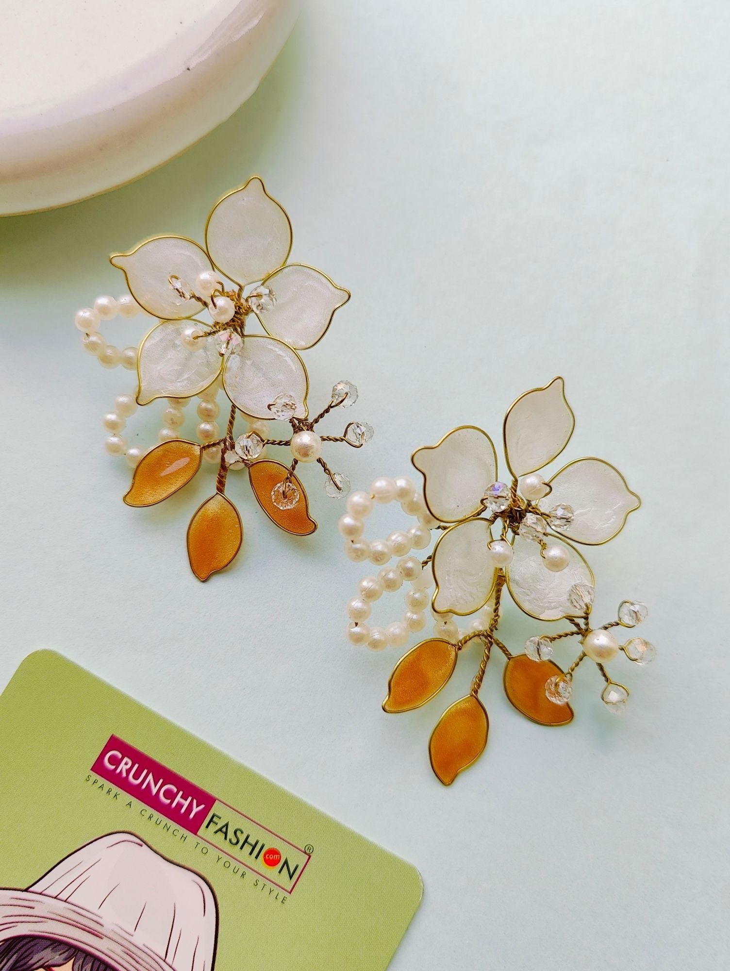 White-gold floral stud earrings in Resin Art collection, ideal for Haldi occasion, push back fixation