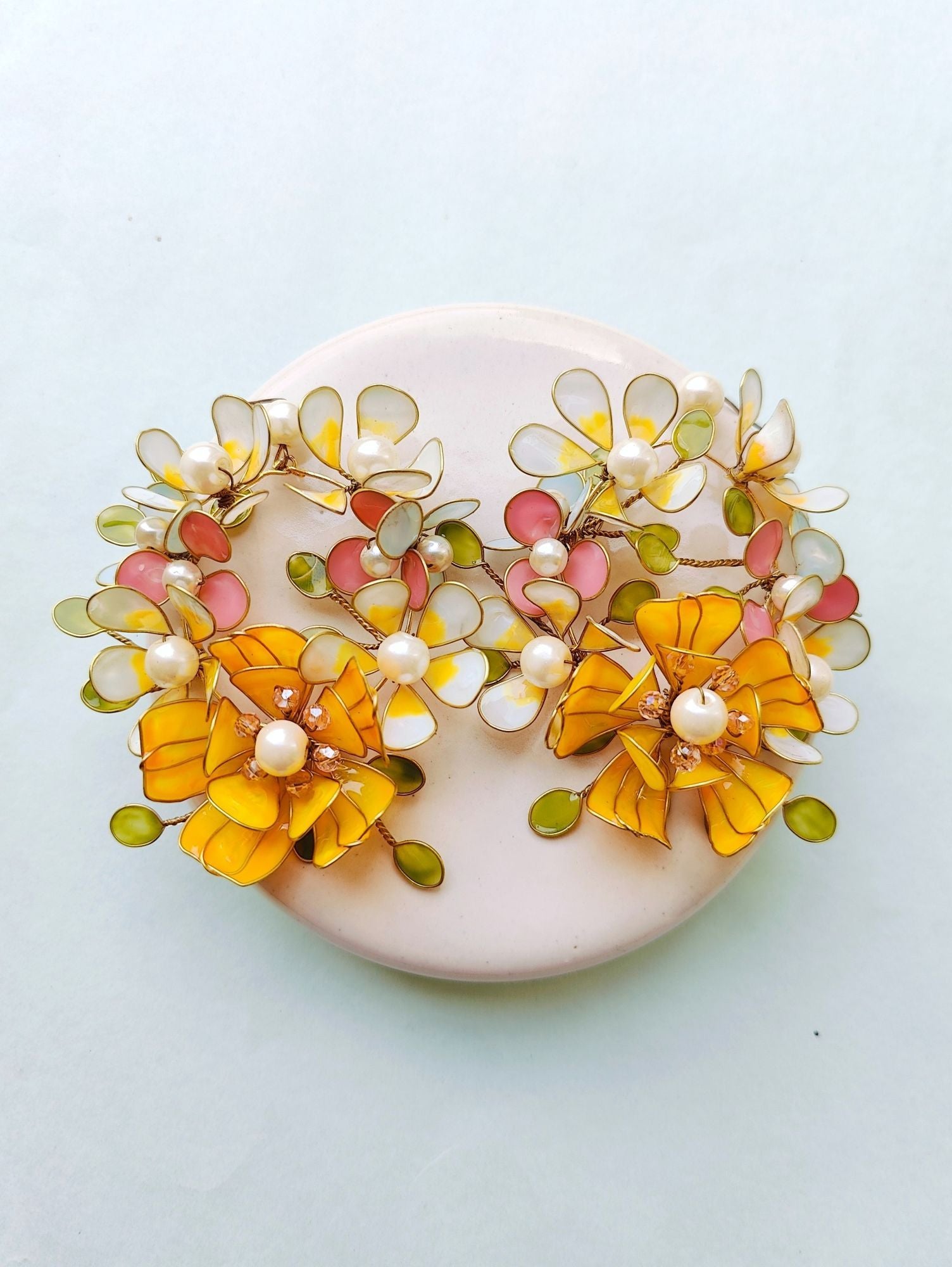 Yellow-White Floral Resin Art Earrings, ideal for Haldi occasion, with a push back fixation and a length of 10cm