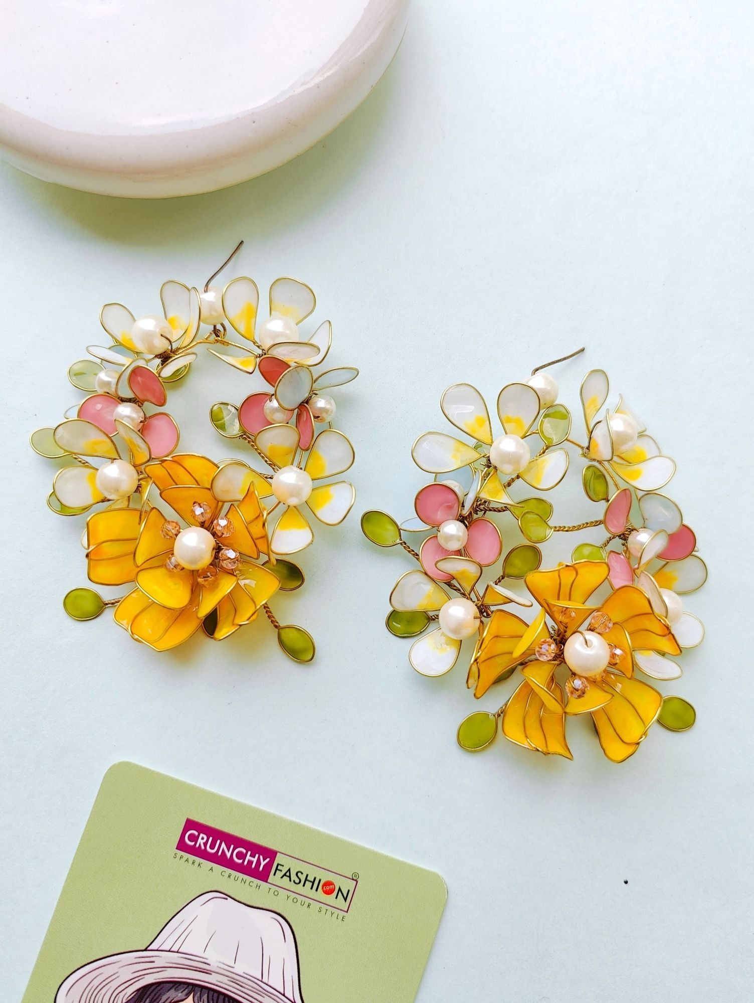 Yellow-White Floral Resin Art Earrings, ideal for Haldi occasion, with a push back fixation and a length of 10cm