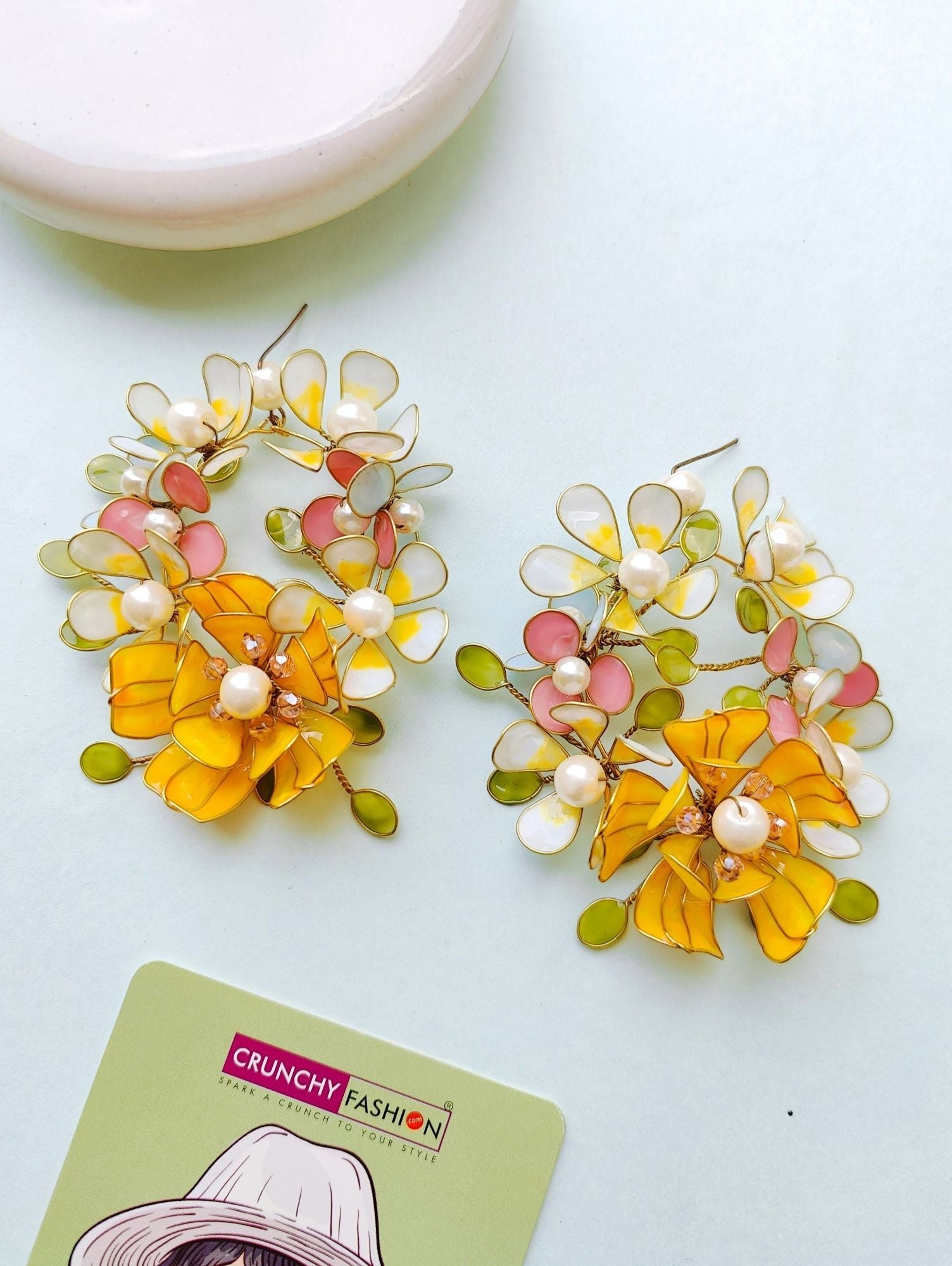 Yellow-White Floral Resin Art Earrings, ideal for Haldi occasion, with a push back fixation and a length of 10cm