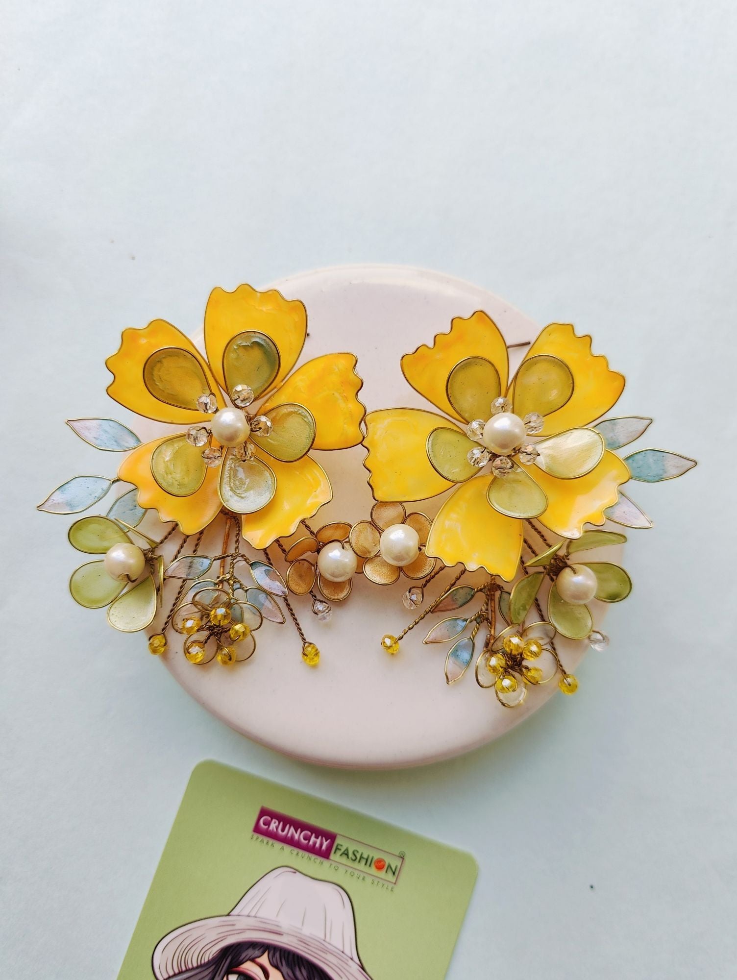 Handcrafted Yellow-Green Floral Resin Art Drop Earrings, perfect for Haldi events and festive style.