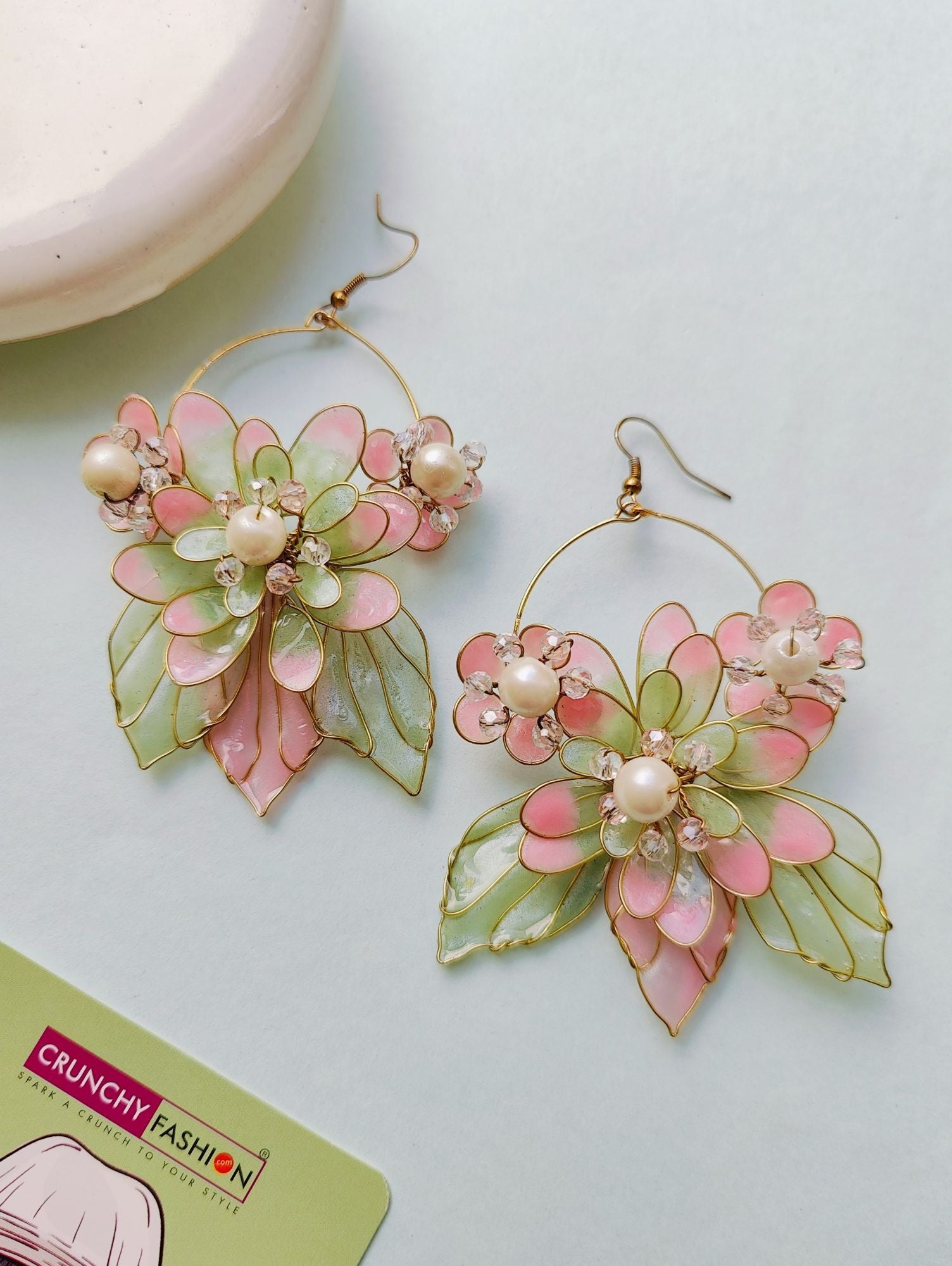 Multicolored Baby Pink-Green Floral Drop and Dangler Earrings, handmade Resin Art for Haldi mehndi