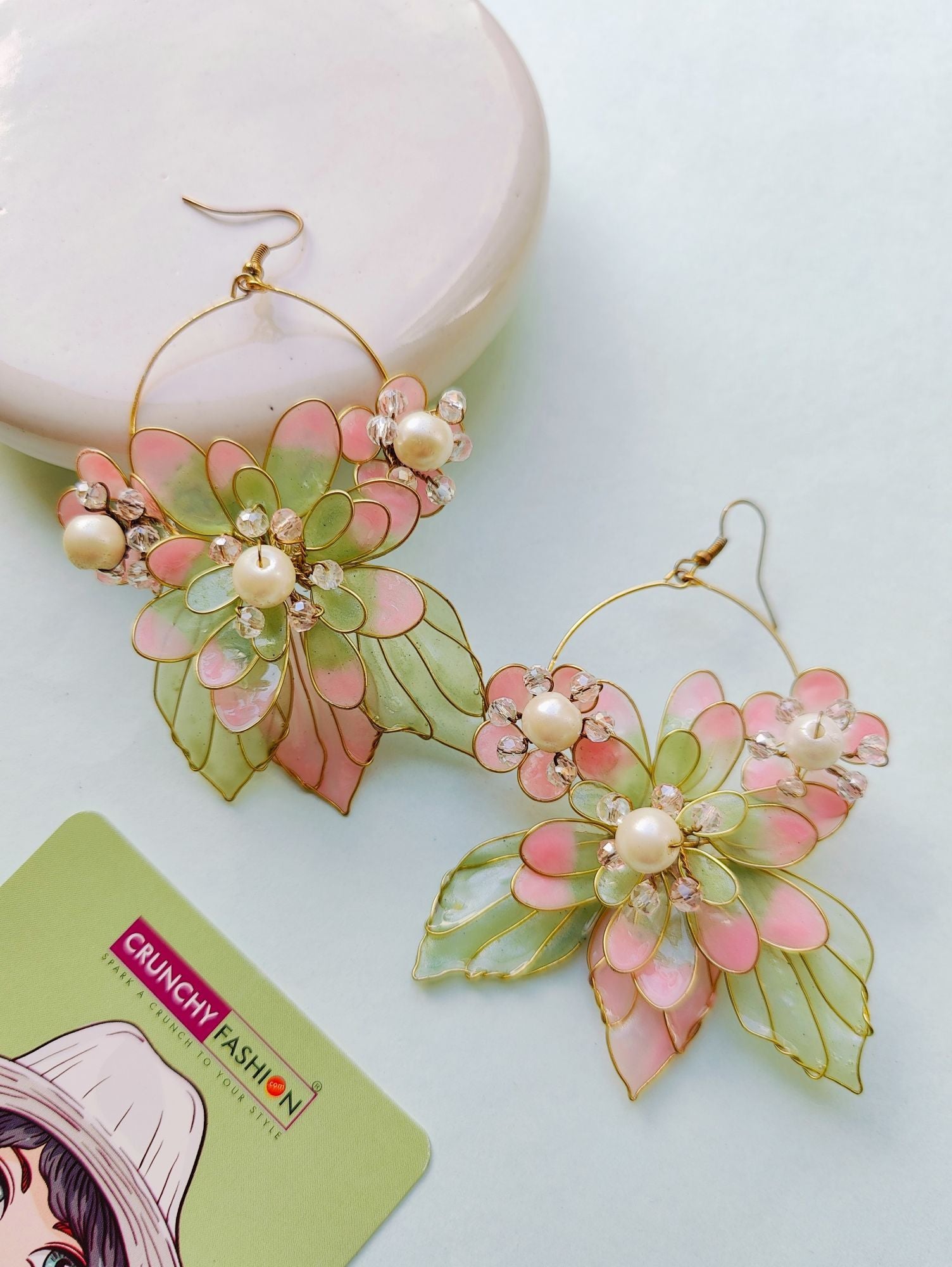Multicolored Baby Pink-Green Floral Drop and Dangler Earrings, handmade Resin Art for Haldi mehndi