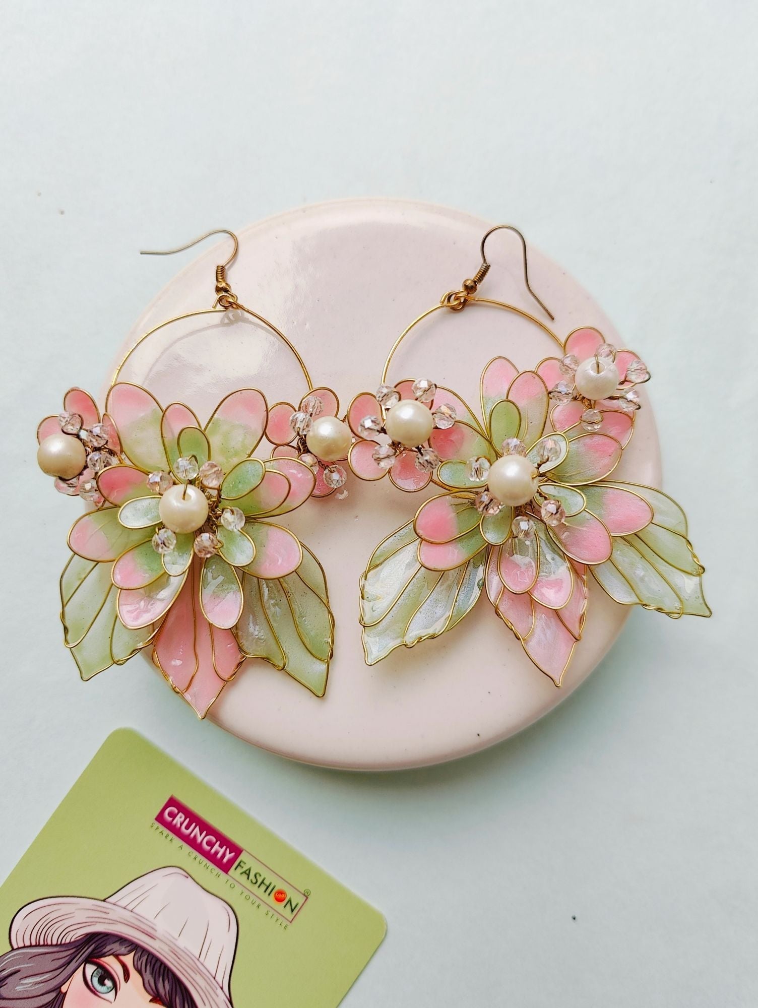 Multicolored Baby Pink-Green Floral Drop and Dangler Earrings, handmade Resin Art for Haldi mehndi