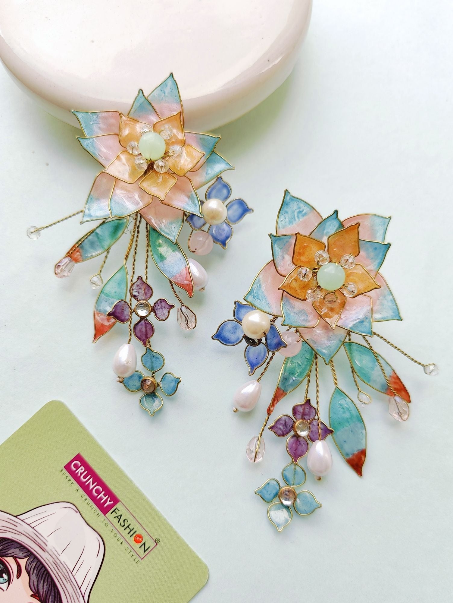 Powder Blue-Baby Pink Floral Resin Art Earrings, 10cm long drop & dangler for Haldi occasion with fish hook fixation