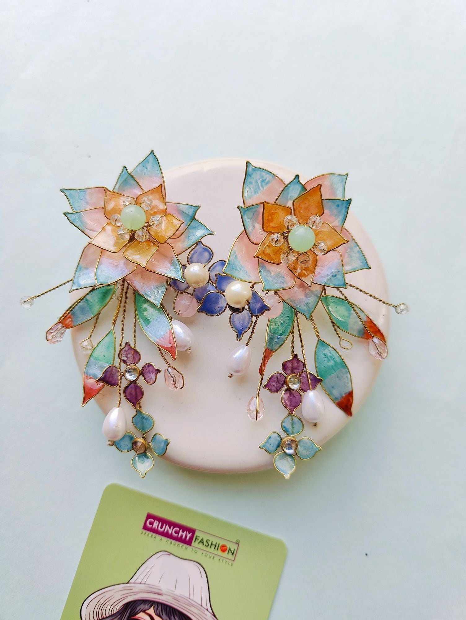 Powder Blue-Baby Pink Floral Resin Art Earrings, 10cm long drop & dangler for Haldi occasion with fish hook fixation