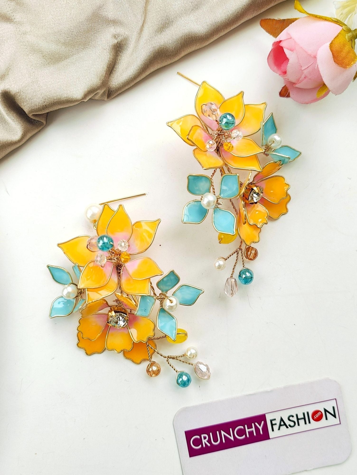 Designer Yellow-Turquoise Blue Flower Resin Earrings for Haldi, 10cm Long, 5cm Wide, Push Back Fixation