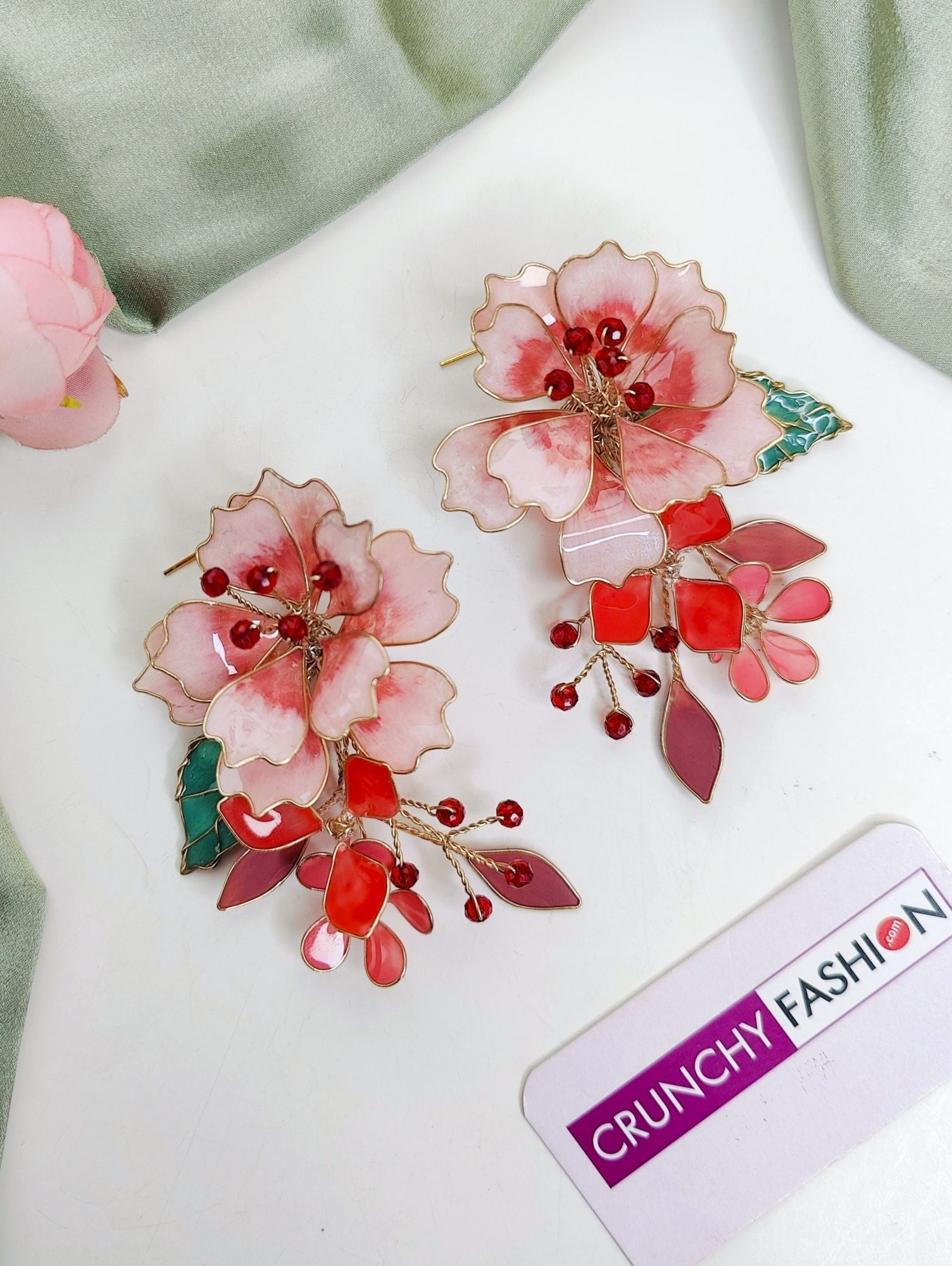 Floral themed Pink-Wine Flower earrings from Resin Art collection, perfect for Haldi carnival